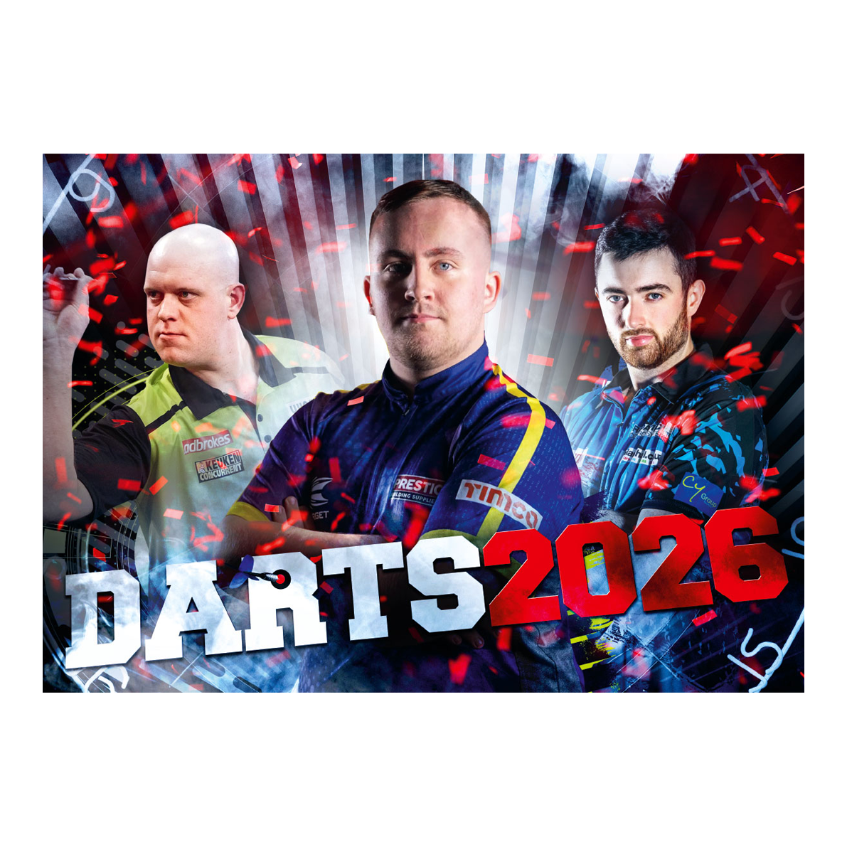 Darts Kalender 2026 ist abgebildet. Der Kalender illustriert verschiedene Darts-Themen für das Jahr 2026.