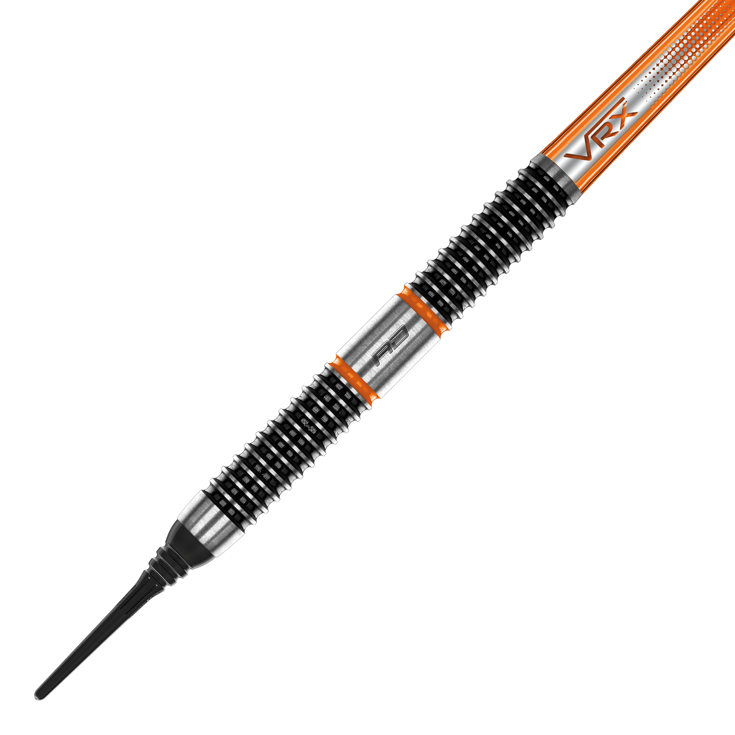 Red Dragon Amberjack 18 soft darts - 20g Das Bild zeigt einen Red Dragon Amberjack 18 Softdart mit einem Gewicht von 20 Gramm. Der Dartpfeil hat ein markantes Design mit schwarzen und silbernen Rillen sowie orangen Akzenten.