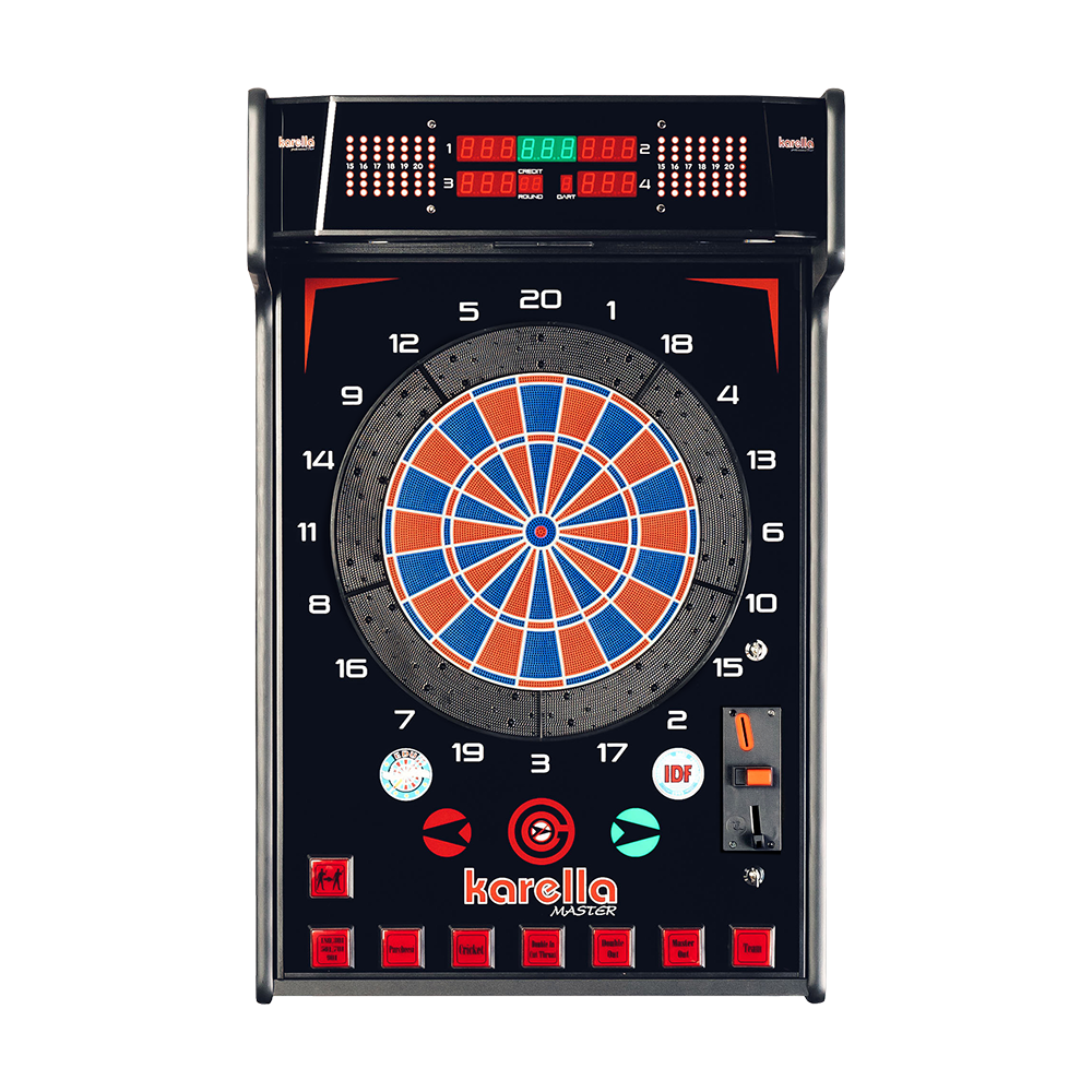 Das Bild zeigt den Karella E-MASTER Dartautomaten mit Münzeinwurf. Das Gerät hat eine elektronische Anzeige und ist für das Spielen von Darts geeignet.