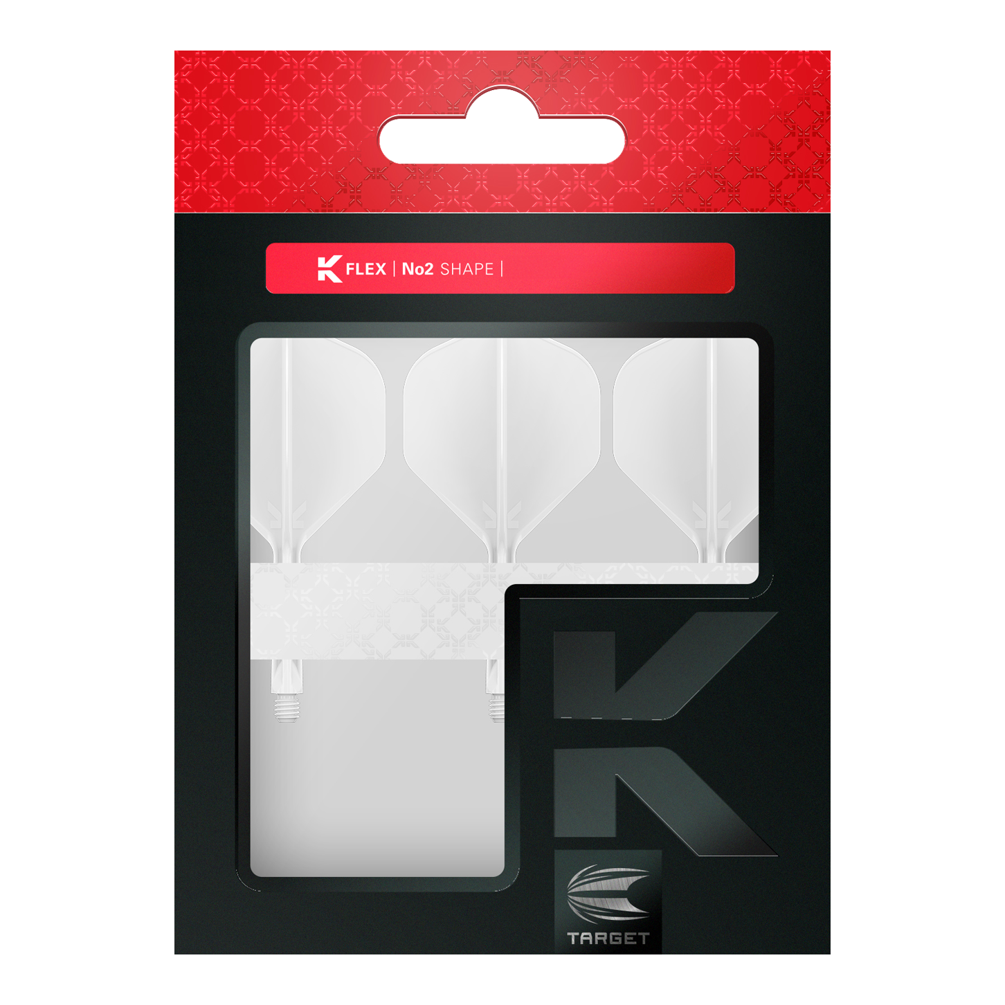 Target K-Flex No2 Standard Flight System - White Das Bild zeigt eine Packung mit drei weißen Dart Flights der Marke Target. Die Verpackung ist schwarz mit einem roten oberen Teil und dem Aufdruck "K FLEX | No2 SHAPE".