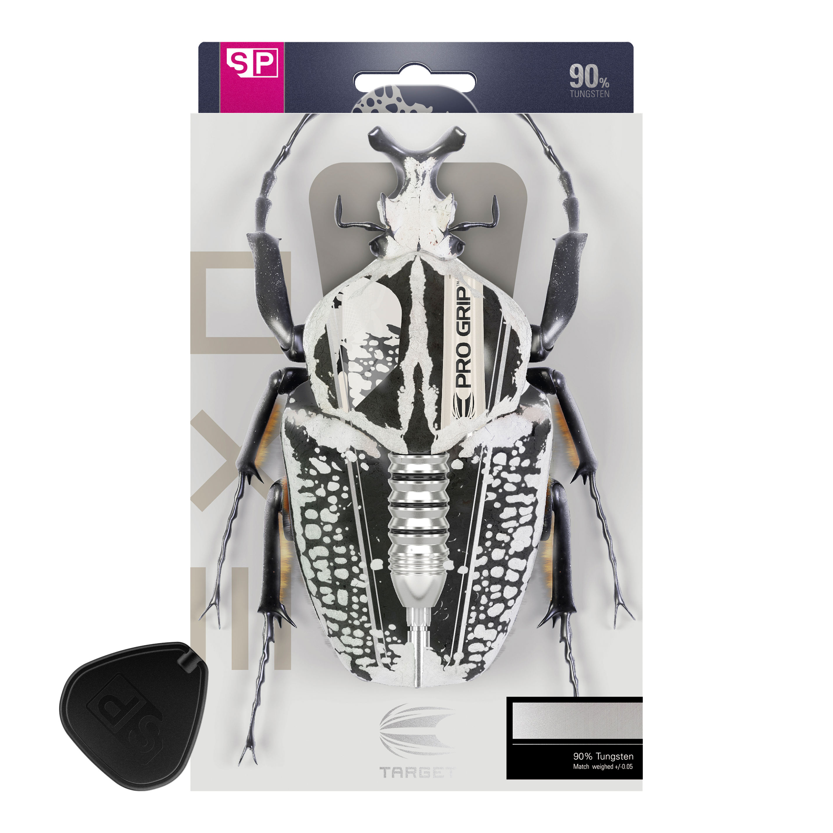 Target EXO SP02 Swiss Point steel darts Das Bild zeigt die Verpackung der "Target EXO SP02 Swiss Point Steeldarts". Auf der Verpackung ist ein stilisierter Käfer abgebildet, in dessen Körper die Darts integriert sind.