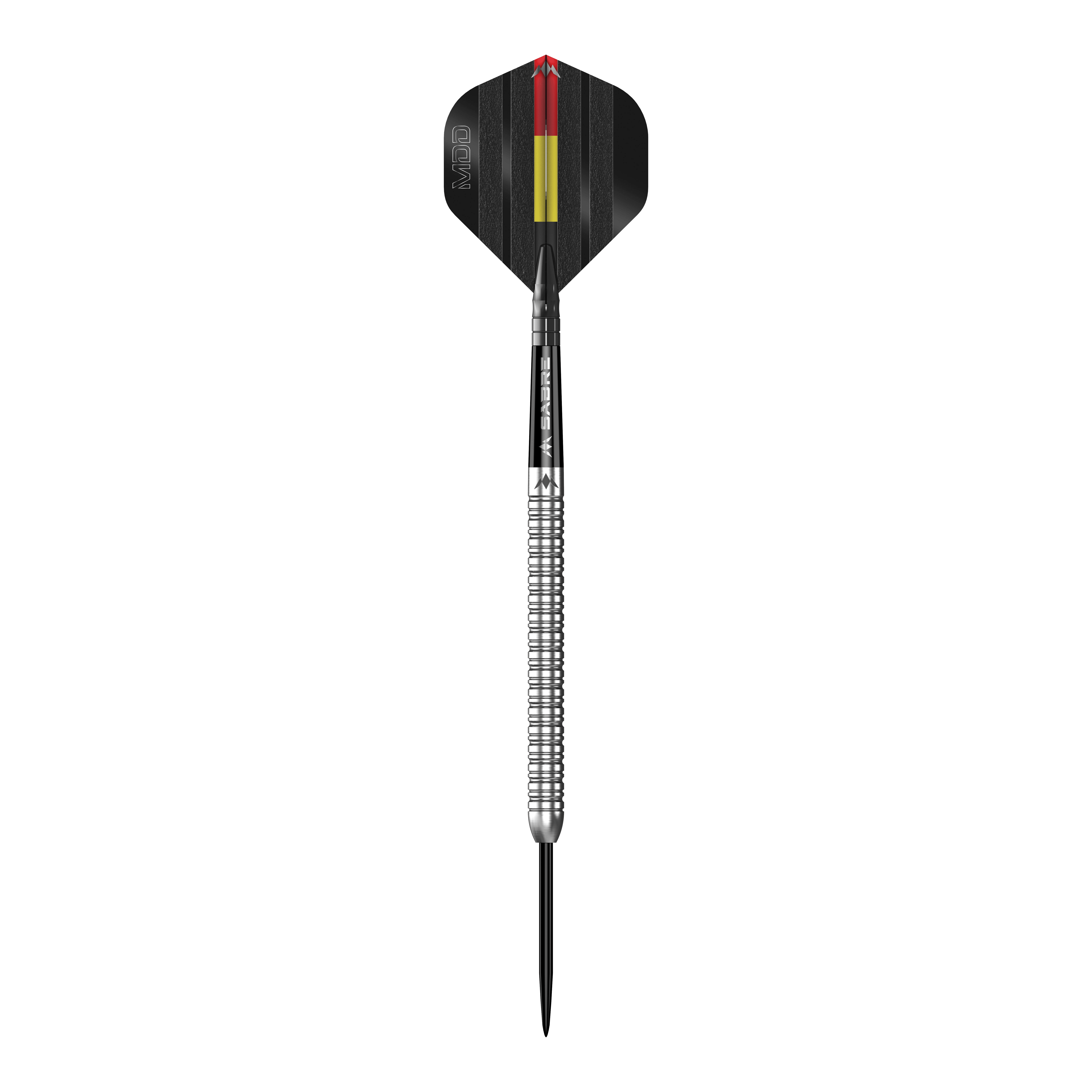 Mission Mike De Decker MDD Silver Steel Darts Das Bild zeigt einen einzelnen silbernen Steeldart namens "Mission Mike De Decker MDD Silver Steeldarts". Der Dart hat ein schwarz-gelbes Flight-Design und eine geriffelte silberne Barrel.