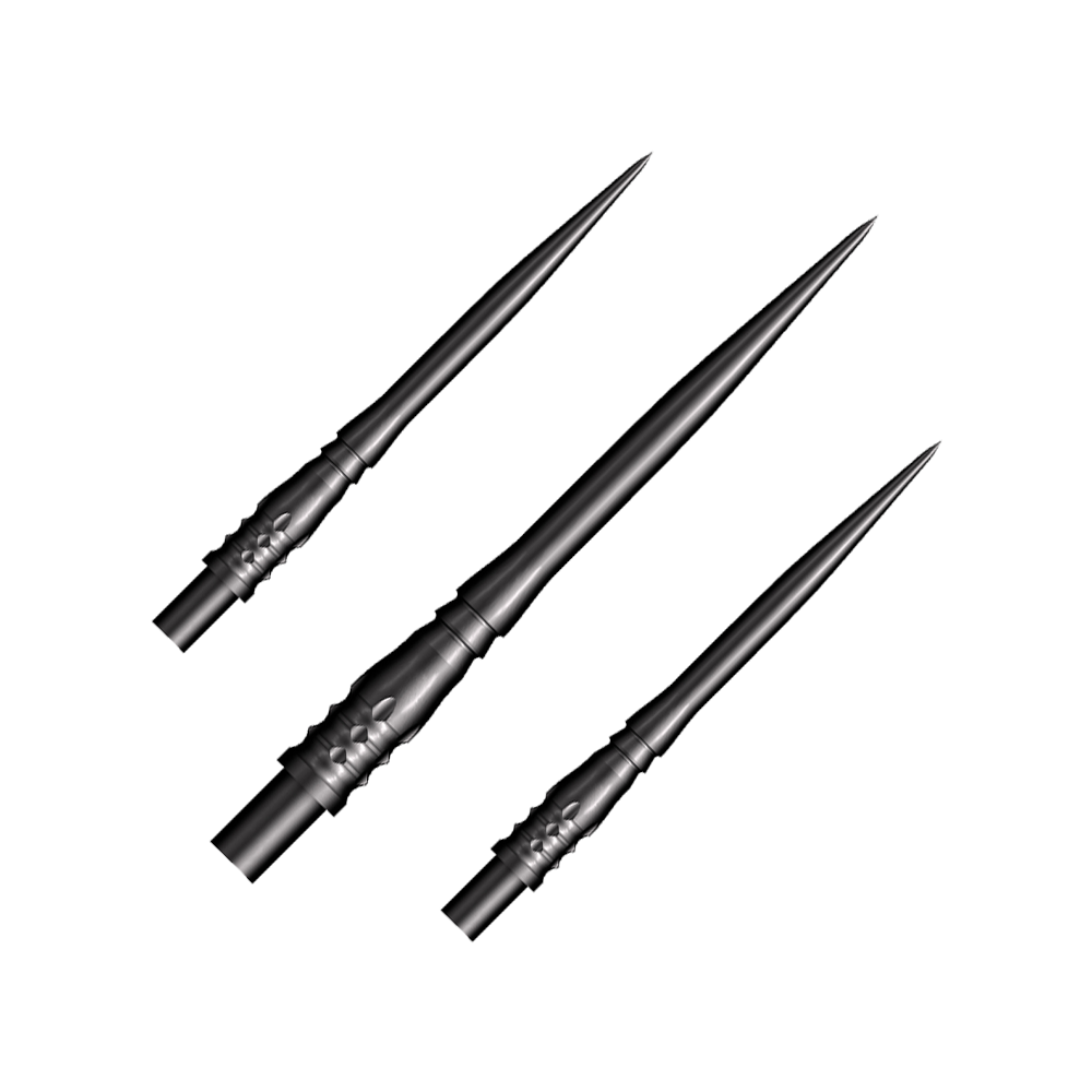 Shot Cone Rocket Steel Dart Tips - Black - 35mm Das Bild zeigt drei schwarze Steeldart-Spitzen des Modells "Shot Cone Rocket" mit einer Länge von 35 mm. Die Spitzen sind schlank, spitz zulaufend und haben ein filigranes Design.