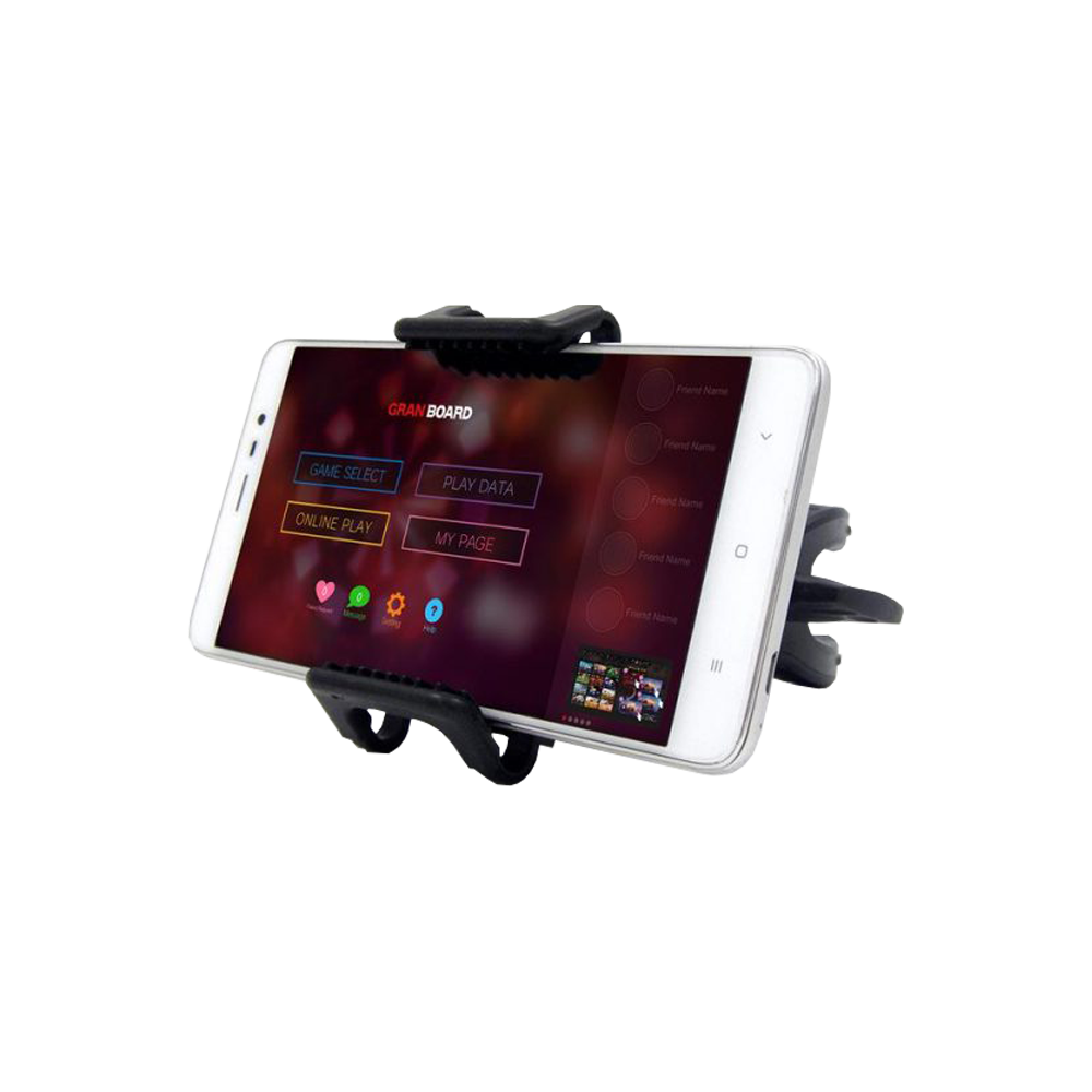 GRN0038_GranBoard_Smartphone_Holder_2 Das Bild zeigt den GranBoard Smartphone-Halter mit einem eingespannten Smartphone. Auf dem Bildschirm des Smartphones ist das GranBoard-Menü zu sehen.