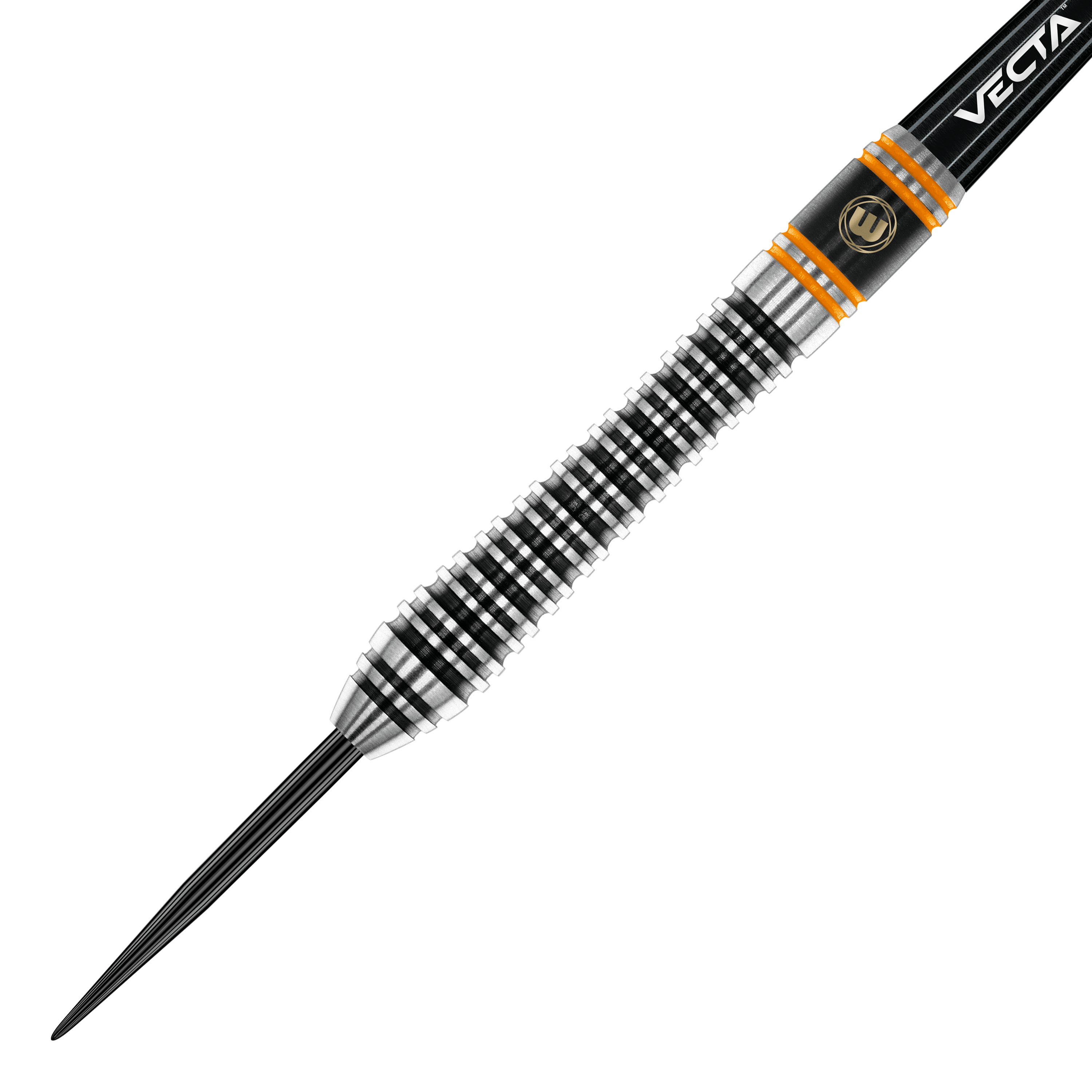 Winmau Danny Noppert Signature Edition 2 steel darts Das Bild zeigt einen Winmau Danny Noppert Signature Edition 2 Steeldart. Der Dart hat ein silbernes und schwarzes Rillendesign mit orangenen Akzenten.