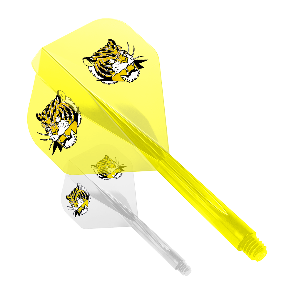 Condor AX Inazuma Tiger Mix Flight System Yellow Clear - Standard Das Bild zeigt zwei Dart-Flights des Modells "Condor AXE Inazuma Tiger Mix Flight-System" in Gelb und Transparent. Beide Flights sind mit einem Tigerkopf-Motiv bedruckt.