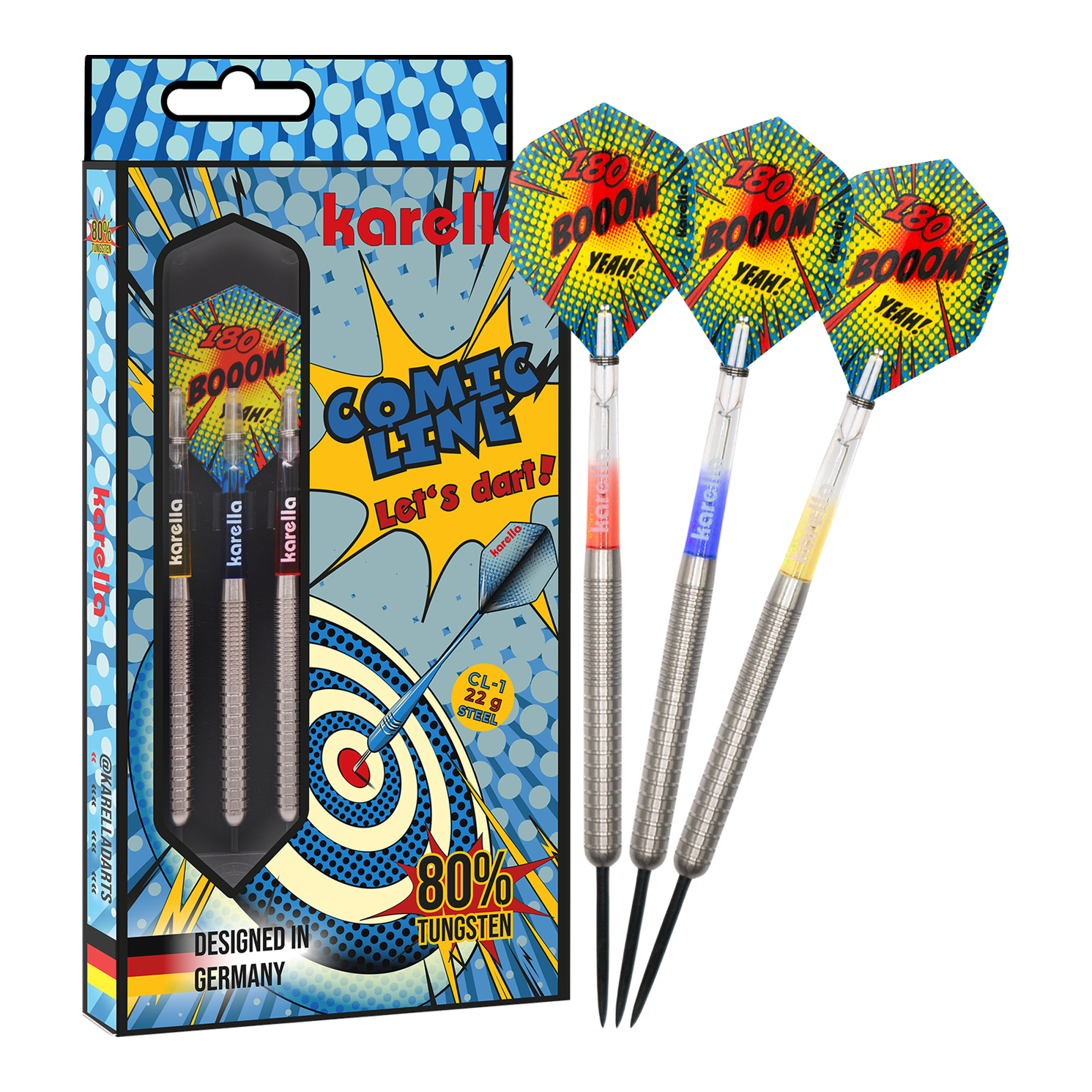 Karella Comic Line CL-1 steel darts - 22g Das Bild zeigt den Karella Comic Line CL-1 Steeldarts - 22g. Es veranschaulicht die vollständige Ansicht des Steeldartpfeils.