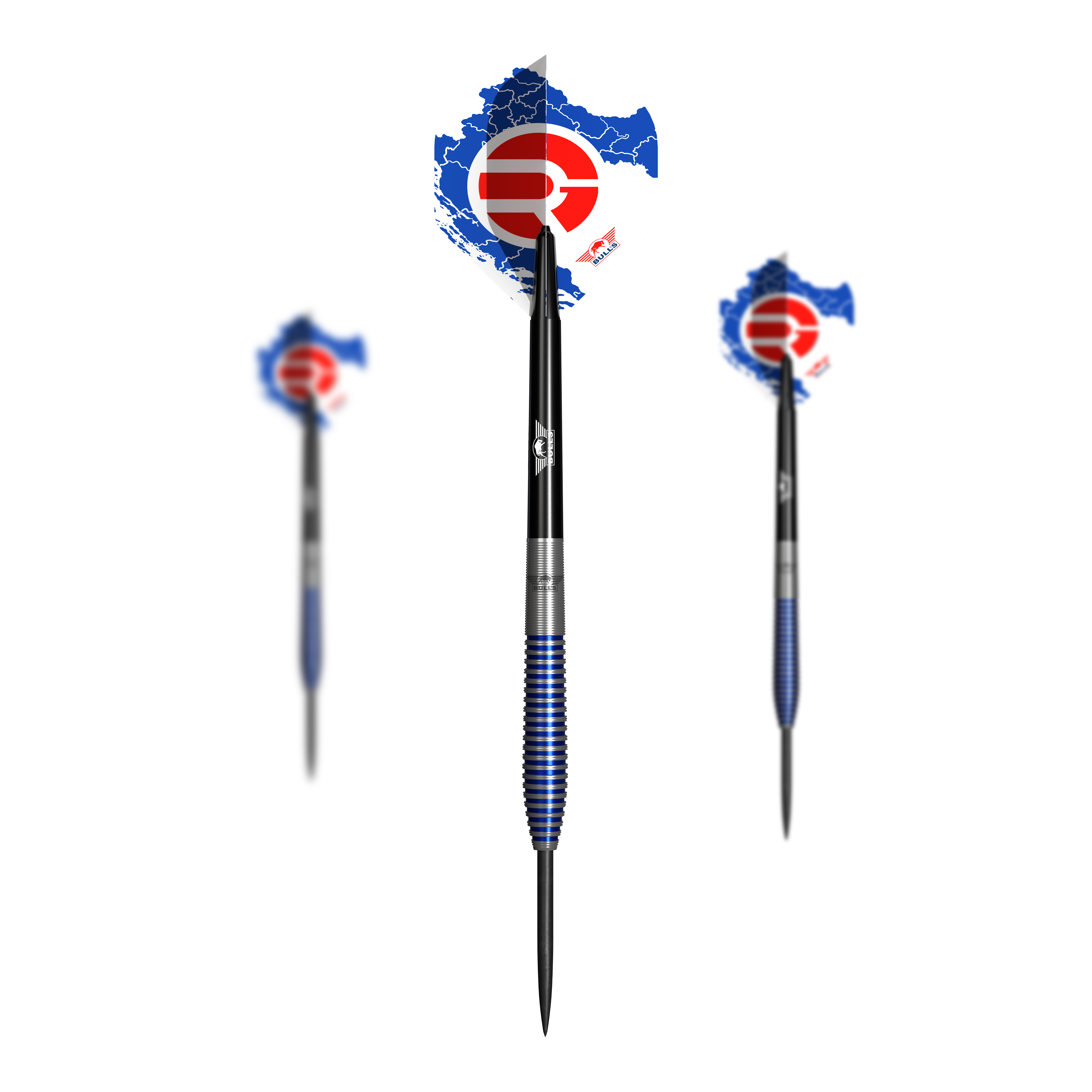 Bulls NL Romeo Grbavac steel darts - 23g Das Bild zeigt drei Steeldarts des Produkts "Bulls NL Romeo Grbavac Steeldarts - 23g". Die Darts haben blaue, silberne und schwarze Akzente sowie Flights mit einem roten und blauen Muster.