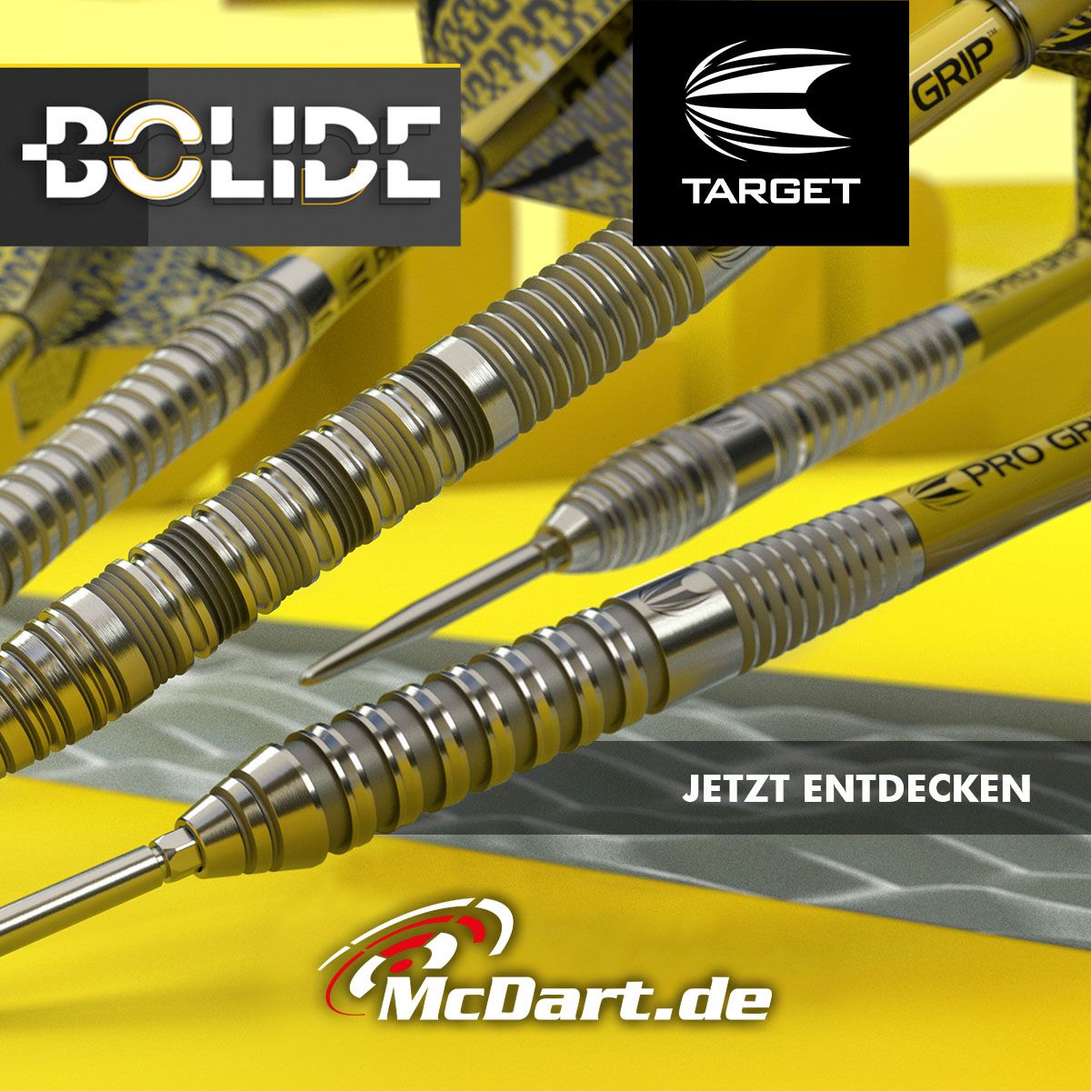 190051_Target_Bolide_Swiss_Point_Steeldarts_admediayZs0B04Gw10lw Auf dem Bild sind die Target Bolide 03 Swiss Point Steeldarts zu sehen. Im Hintergrund sind das Bolide- und das Target-Logo sowie der Schriftzug „JETZT ENTDECKEN“ und „McDart.de“ abgebildet.