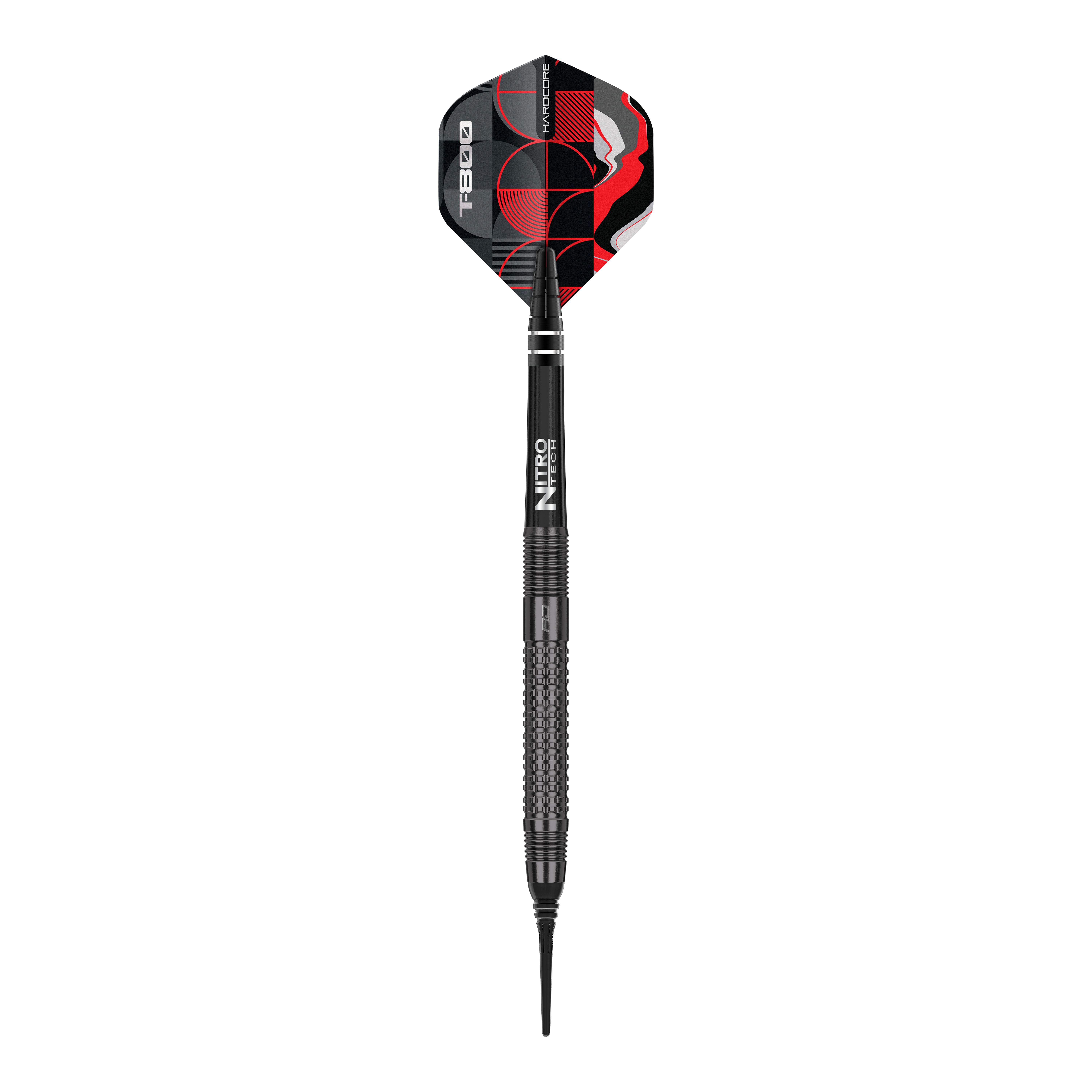 Red Dragon T-800 soft darts - 20g Das Bild zeigt einen Red Dragon T-800 Softdart mit einem Gewicht von 20g. Der Dart ist schwarz mit roten und weißen Designelementen auf dem Flight.