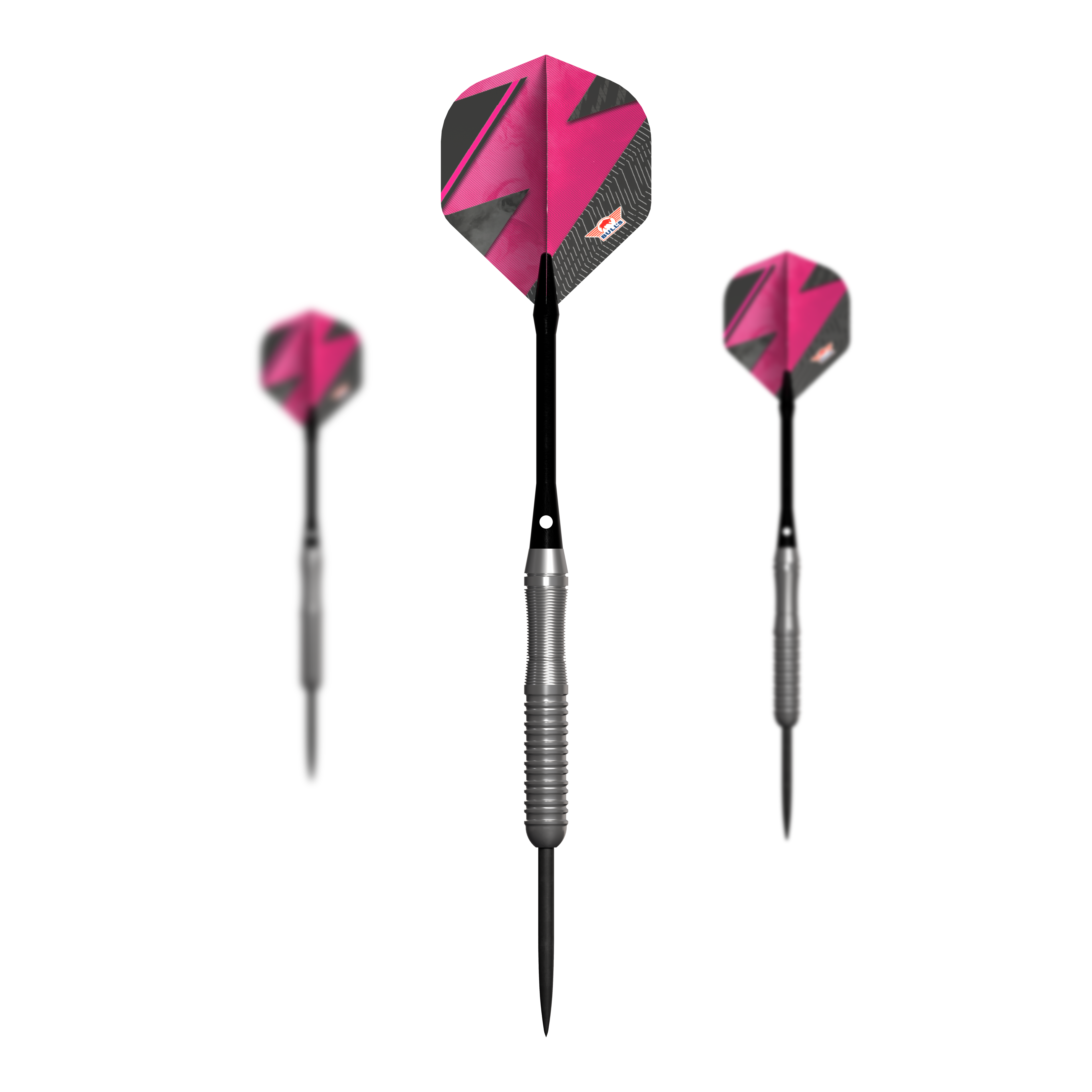 Bulls NL Lightning Pink steel darts Das Bild zeigt drei Steeldarts mit silbernem Griff und pink-schwarzen Flights. Es handelt sich um das Produkt "Bulls NL Lightning Pink Steeldarts".