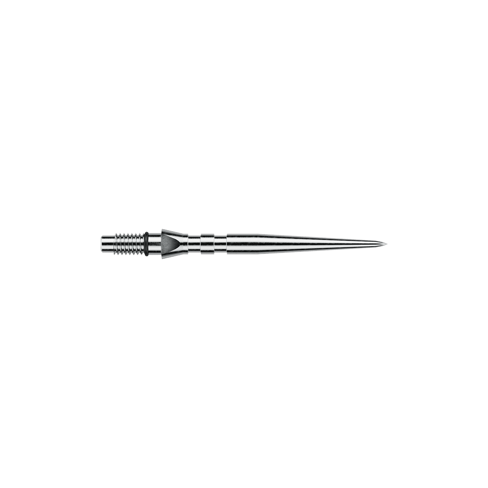 Das Bild zeigt silberfarbene Steeldartspitzen mit Rillen, vermutlich 'Switch Point Groove Silver Effect' und 26mm lang. Die Spitzen sind für Steeldarts vorgesehen.