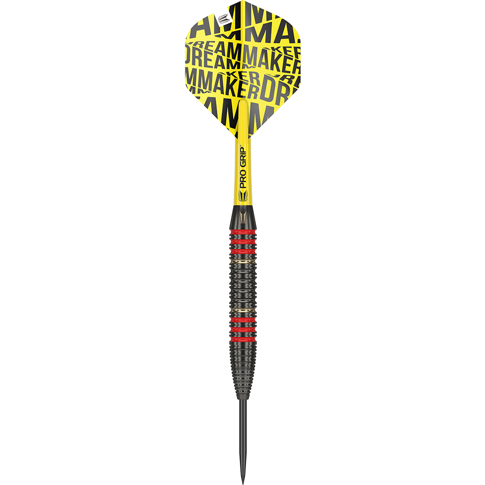 170007_Target_Dimitri_Van_Den_Bergh_Brass_Steeldarts_10vyhbiogUP10N Das Bild zeigt einen Target Dimitri Van Den Bergh Brass Steeldart mit einem Gewicht von 22g. Der Dart hat eine gelbe Flight mit dem Aufdruck "DREAMMAKER" und einen schwarz-roten Griff.