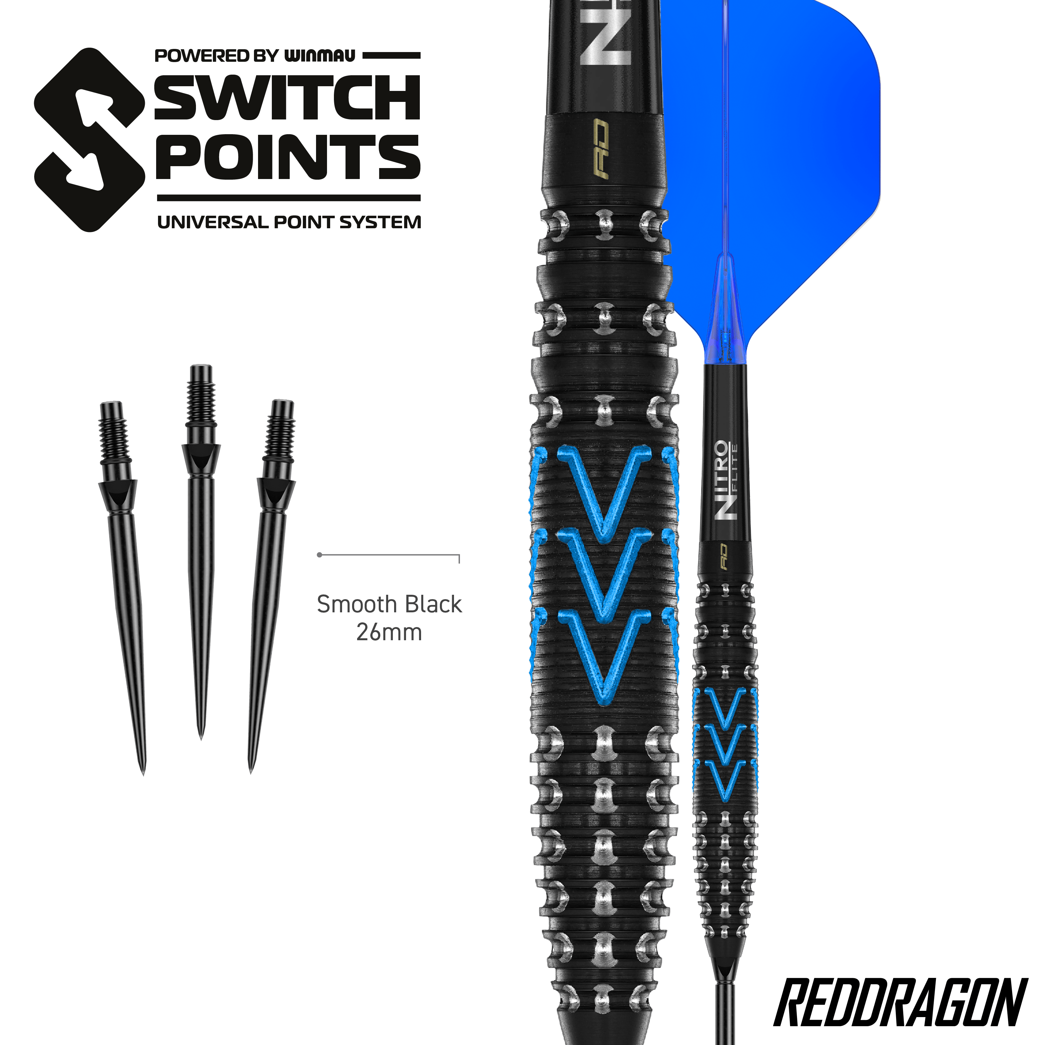 Hier sieht man die Red Dragon AMP Torpedo Switch Point Steeldarts. Diese Darts sind für präzises Werfen entwickelt worden.