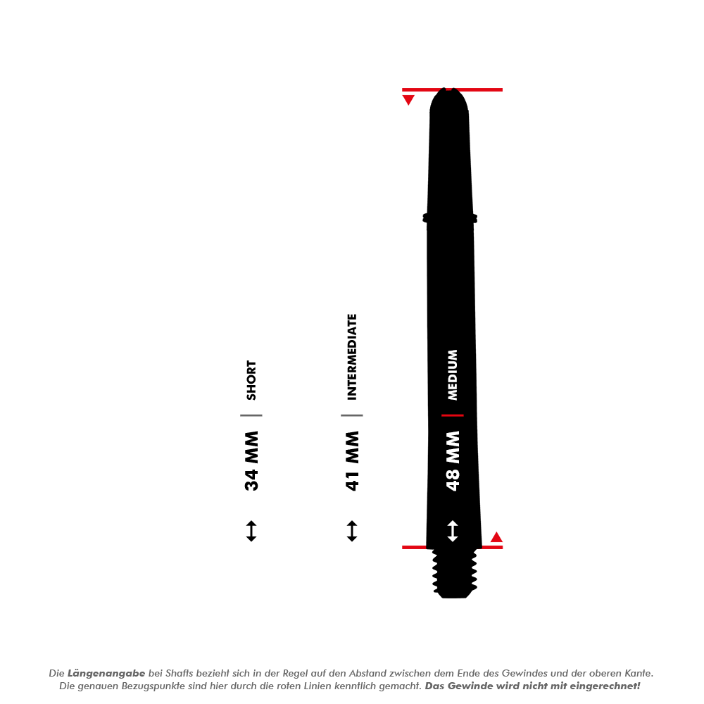 Target Pro Grip TAG Shafts - 3 Sets - White Das Bild zeigt drei verschiedene Längen von Dartshafts: 34 mm (Short), 41 mm (Intermediate) und 48 mm (Medium). Die genauen Bezugspunkte für die Längenangabe sind mit roten Linien markiert, das Gewinde wird nicht mitgerechnet.