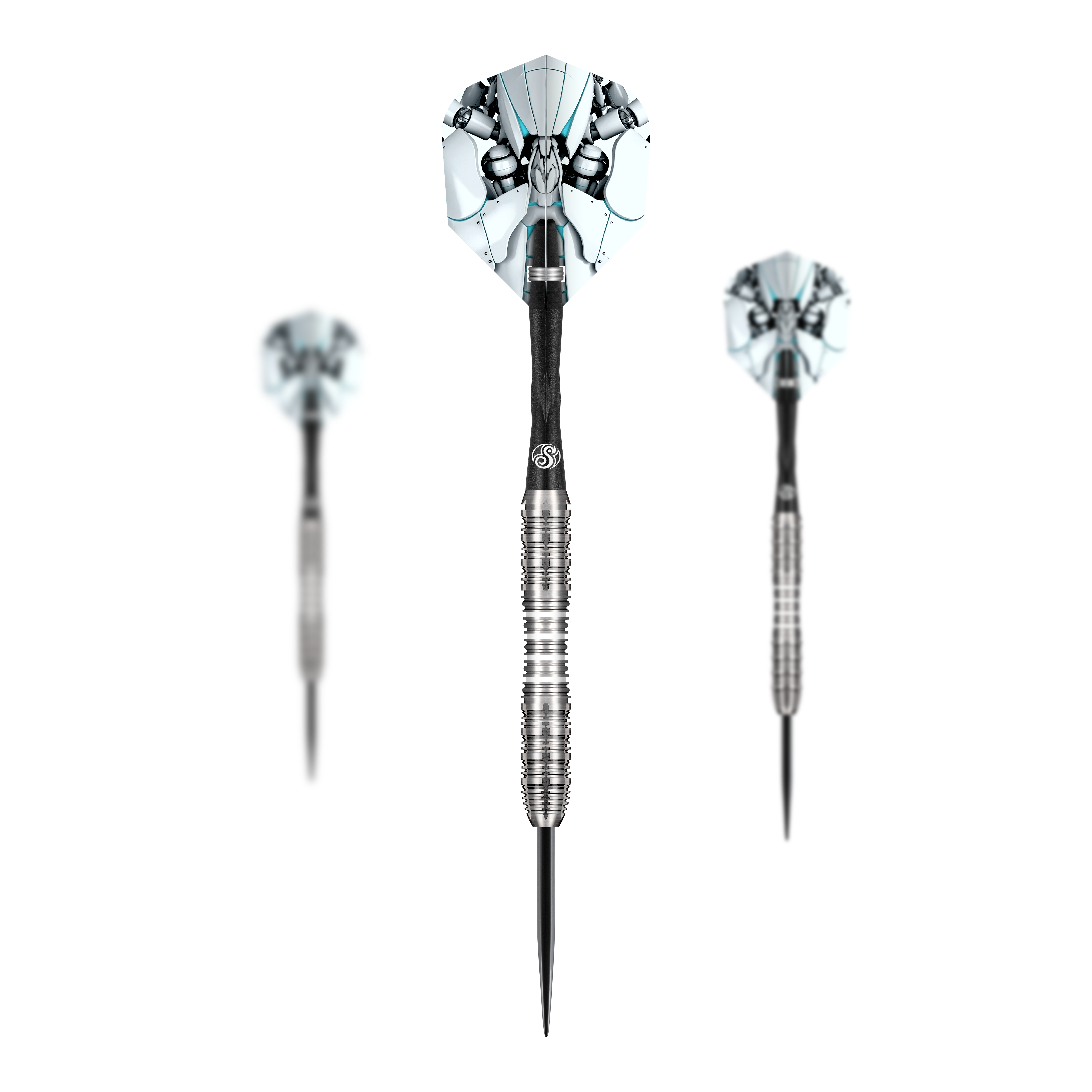 Das Bild zeigt ein Set der Shot AI Scorpula Steeldarts. Es handelt sich um professionelle Steeldarts für anspruchsvolle Spieler.