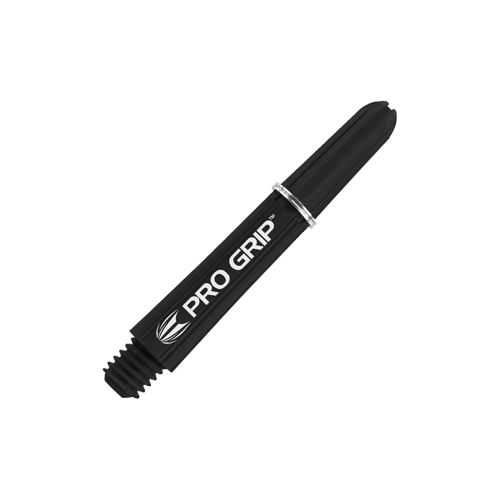 Target Pro Grip Shafts - 3 Sets - Black Das Bild zeigt einen schwarzen Pro Grip Schaft für Dartpfeile mit weißer Schrift. Der Schaft ist 34 mm lang und hat einen silbernen Ring.