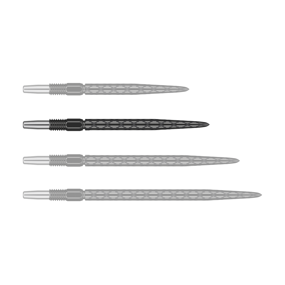 Target Swiss Diamond Pro Black Points dart tips Das Bild zeigt vier schwarze Dartspitzen mit silbernem Gewinde, die nebeneinander liegen. Die Spitzen haben eine rautenförmige Struktur entlang des Schafts.