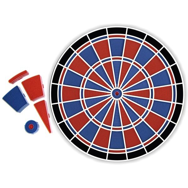 Das Bild zeigt eine Ersatzscheibe für Karella Premium Silver. Zu sehen sind die runde Dartscheibe und einige Ersatzsegmente in Rot und Blau.