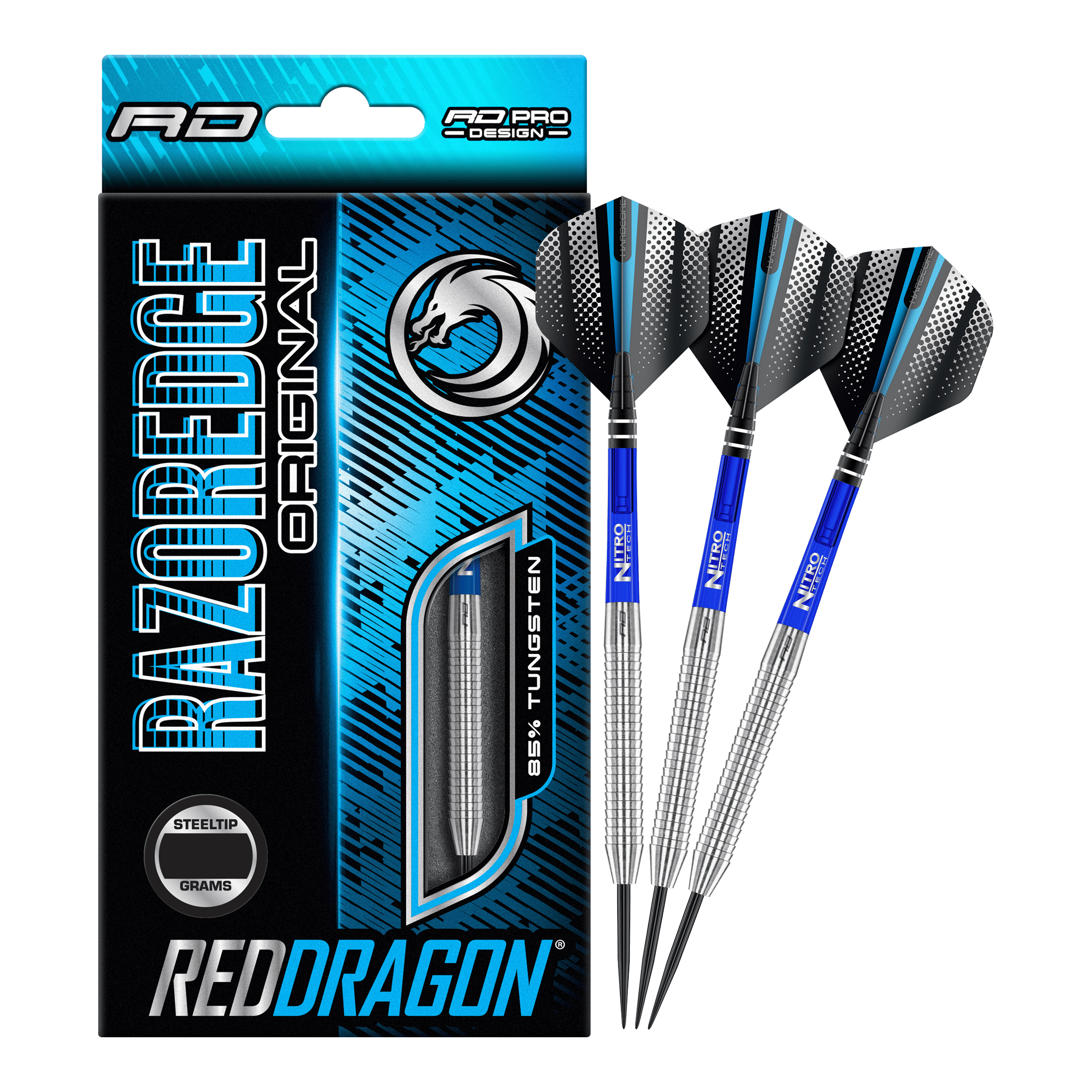 Das Bild zeigt eine Packung „Red Dragon Razor Edge Original Steeldarts - 24g“ und drei dazugehörige Dartpfeile. Die Verpackung ist hauptsächlich blau und schwarz gestaltet und hebt den Schriftzug „RAZOREDGE ORIGINAL“ sowie „85% TUNGSTEN“ hervor.