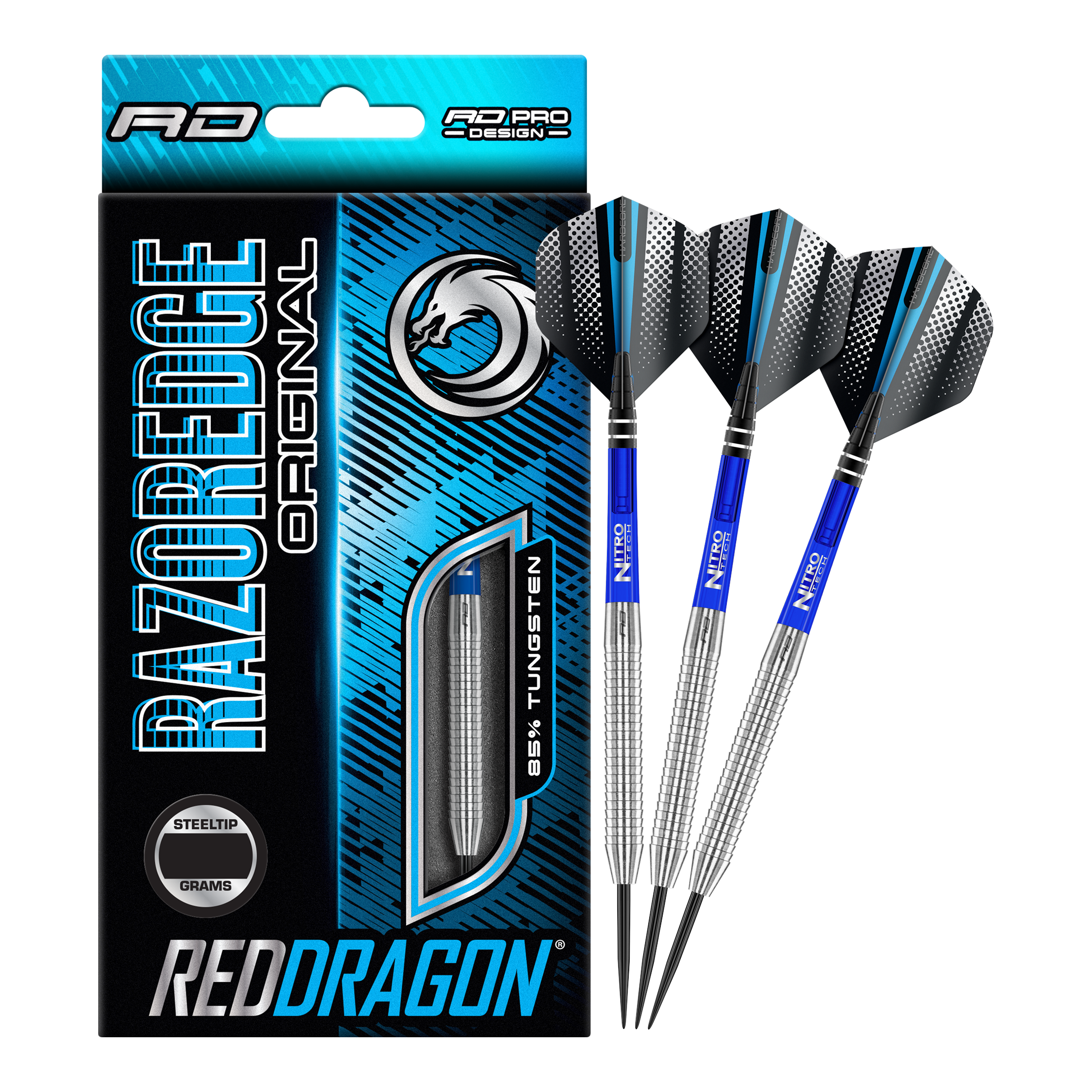 Red Dragon Razor Edge Original Steel Darts Das Bild zeigt eine Packung „Red Dragon Razor Edge Original Steeldarts - 24g“ und drei dazugehörige Dartpfeile. Die Verpackung ist hauptsächlich blau und schwarz gestaltet und hebt den Schriftzug „RAZOREDGE ORIGINAL“ sowie „85% TUNGSTEN“ hervor.