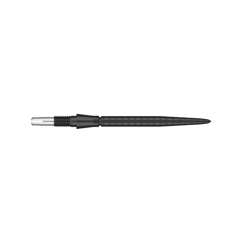 Das Bild zeigt eine schwarze Dartspitze mit feinen Rillen und einem schlanken Design. Die Spitze hat eine Länge von 30 mm und wirkt hochwertig verarbeitet.