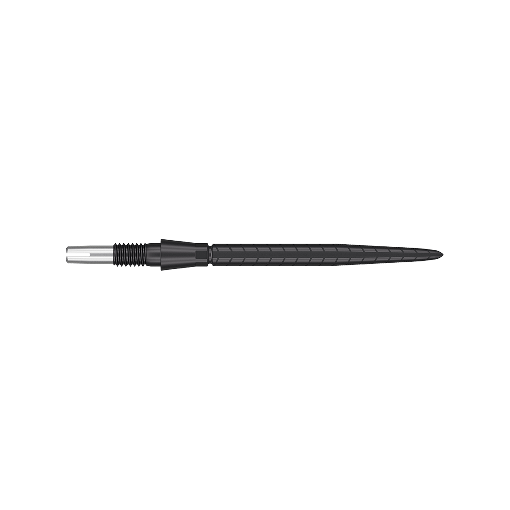 Target Swiss Storm Quartz Dart Tips - Black Das Bild zeigt eine schwarze Dartspitze mit feinen Rillen und einem schlanken Design. Die Spitze hat eine Länge von 30 mm und wirkt hochwertig verarbeitet.