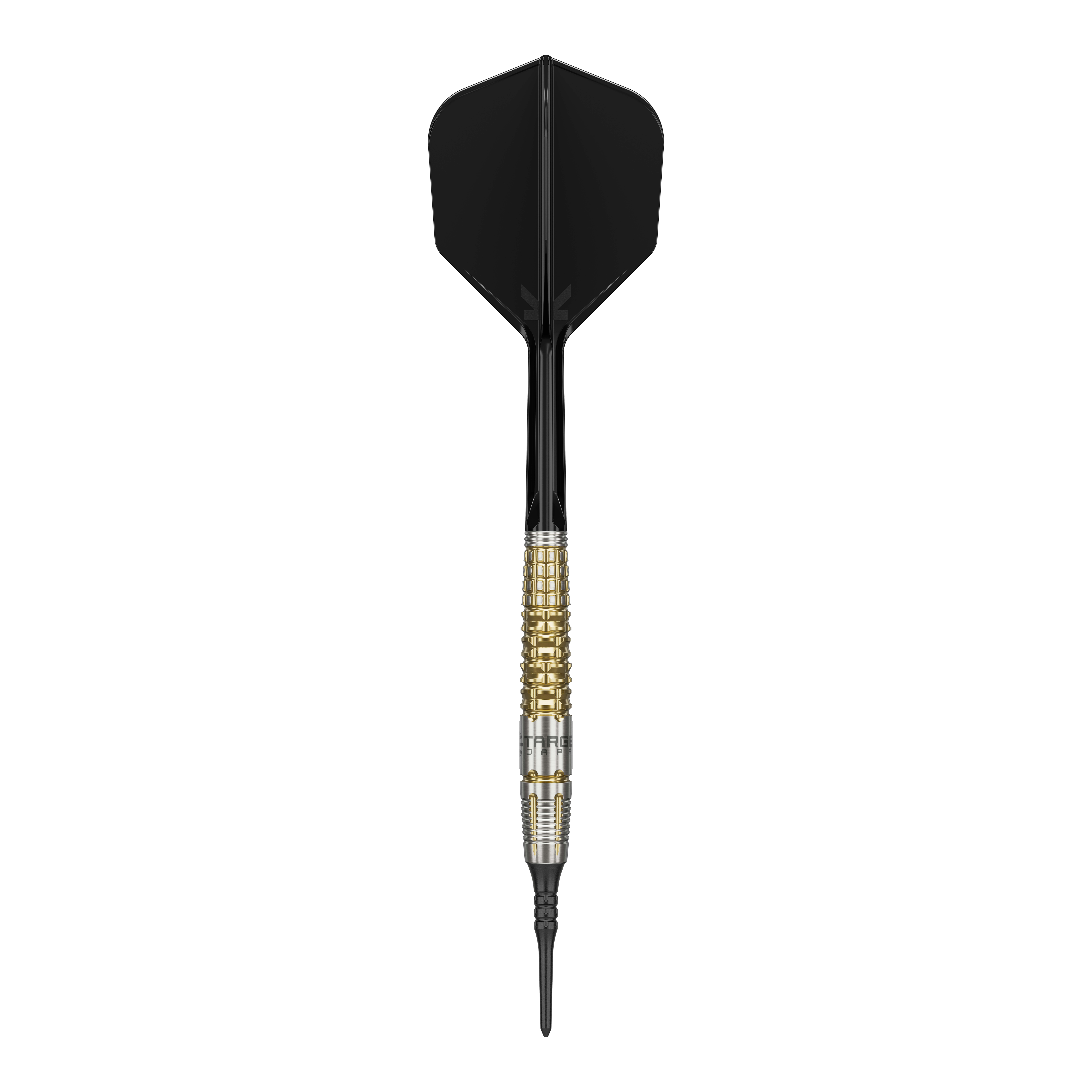 Target Japan Black Marque Warrior Soft Darts - 18.5g Das Bild zeigt einen Target Japan Black Marque Warrior Softdart mit einem Gewicht von 18,5g. Der Dart hat eine schwarze Spitze und Flügel sowie einen gold-silbernen Griffbereich.