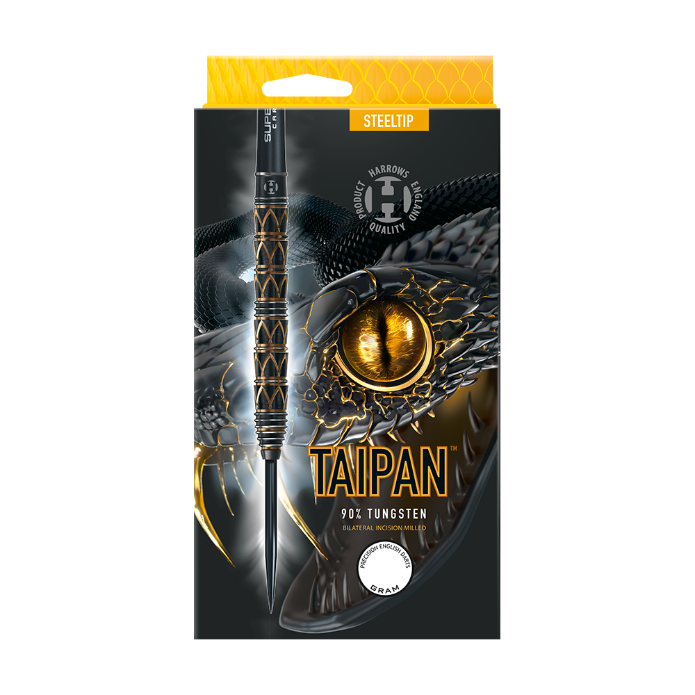 HA29044_Harrows_Taipan_Steeldarts_3 Die Verpackung zeigt die Harrows Taipan Steeldarts mit einem auffälligen Schlangendesign. Auf der Vorderseite stehen Informationen wie „90% Tungsten“ und „Steeltip“.