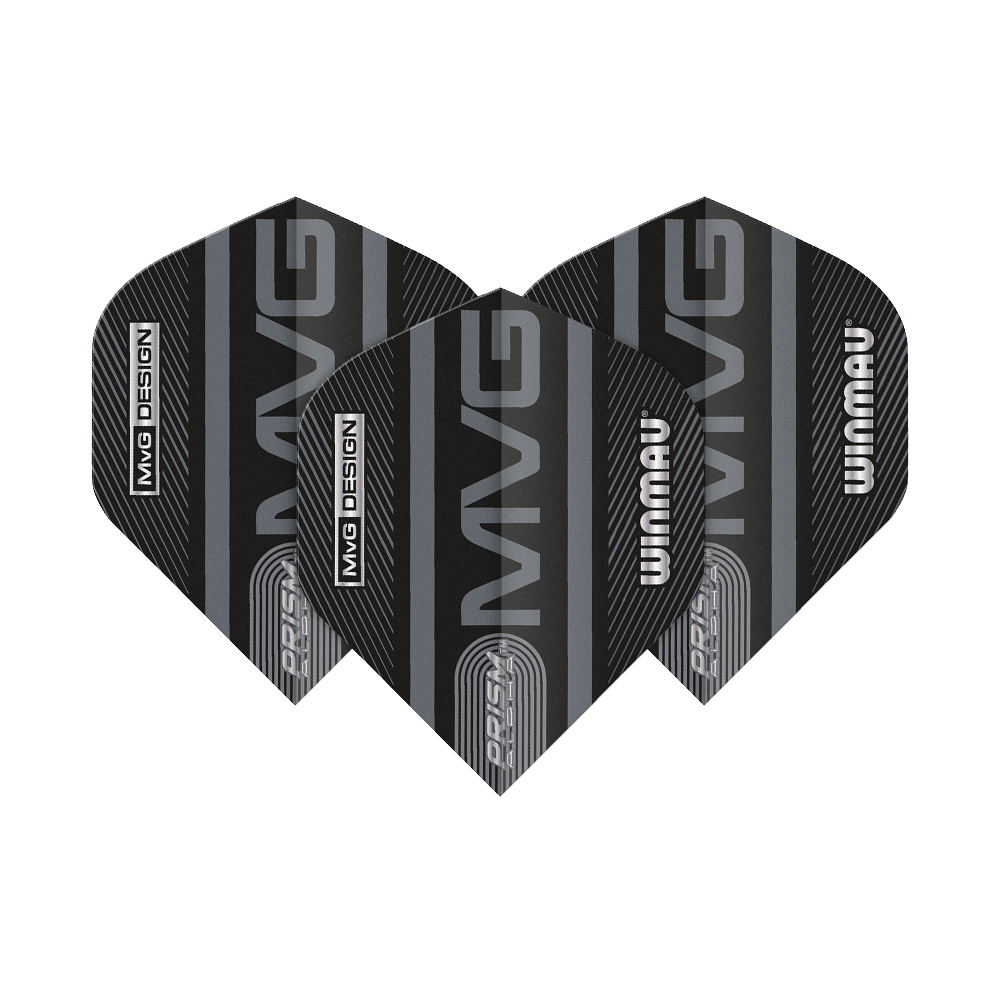 6915-187_Winmau_Prism_Alpha_MvG_Standard_Flights_1oPRpH4OucCj0Q Das Bild zeigt drei schwarze Dart Flights mit dem Aufdruck "MVG" und "Winmau". Die Flights sind vom Typ "Winmau Prism Alpha MvG Standard".