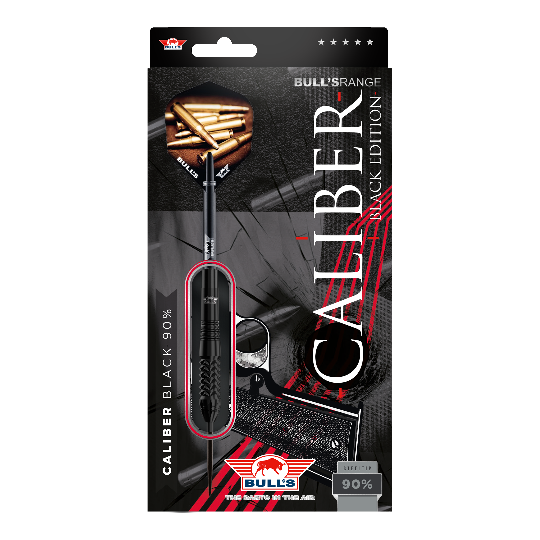 Bulls NL Caliber Black steel darts Das Bild zeigt die Verpackung der "Bulls NL Caliber Black Steeldarts". Die Verpackung ist schwarz gestaltet und hebt die Steeldarts sowie den Schriftzug "Caliber Black Edition" hervor.