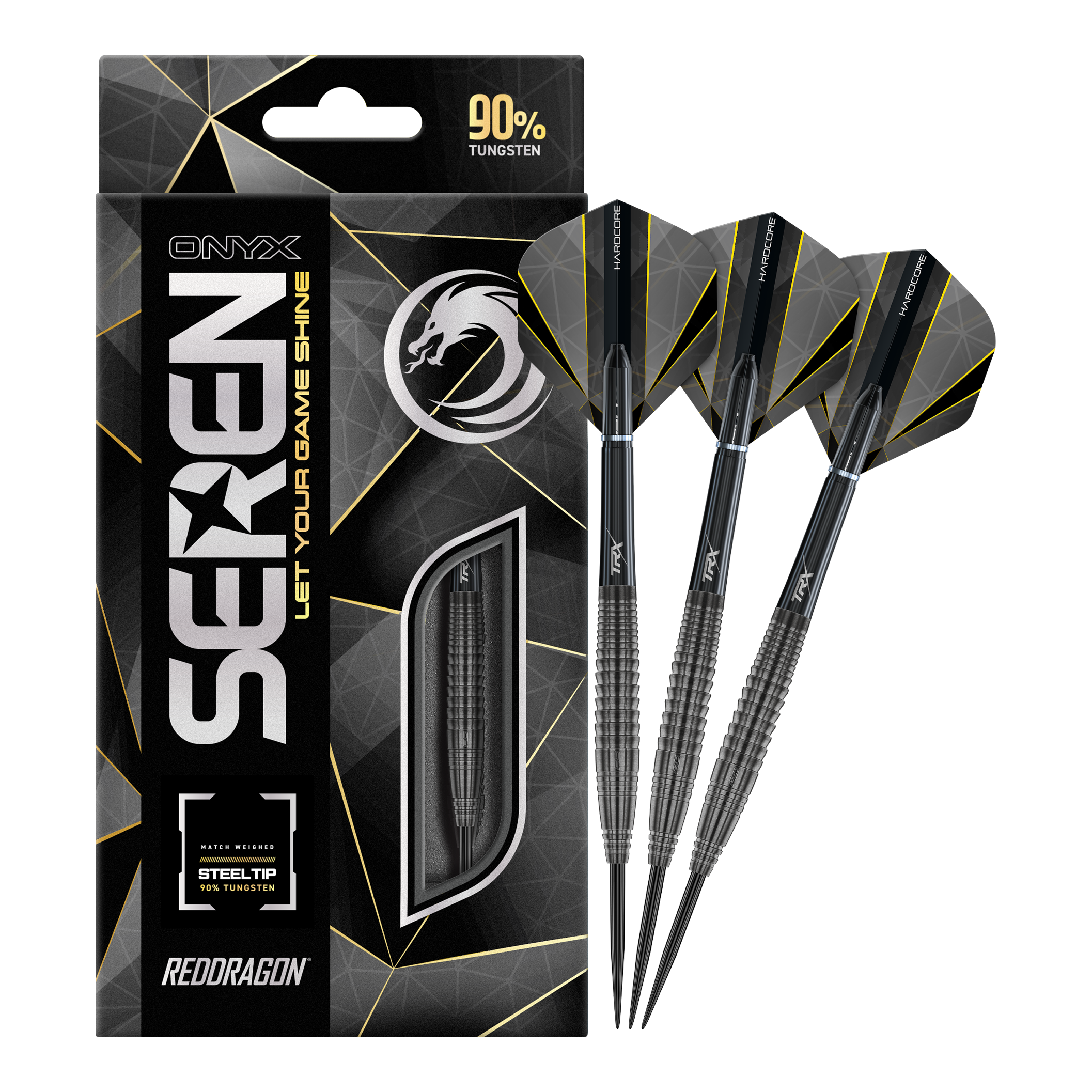 Red Dragon Seren 4 Onyx Steeldarts Das Bild zeigt die Verpackung und drei Steeldarts des Produkts "Red Dragon Seren 4 Onyx". Die Darts bestehen zu 90% aus Wolfram und haben ein modernes, schwarzes Design.