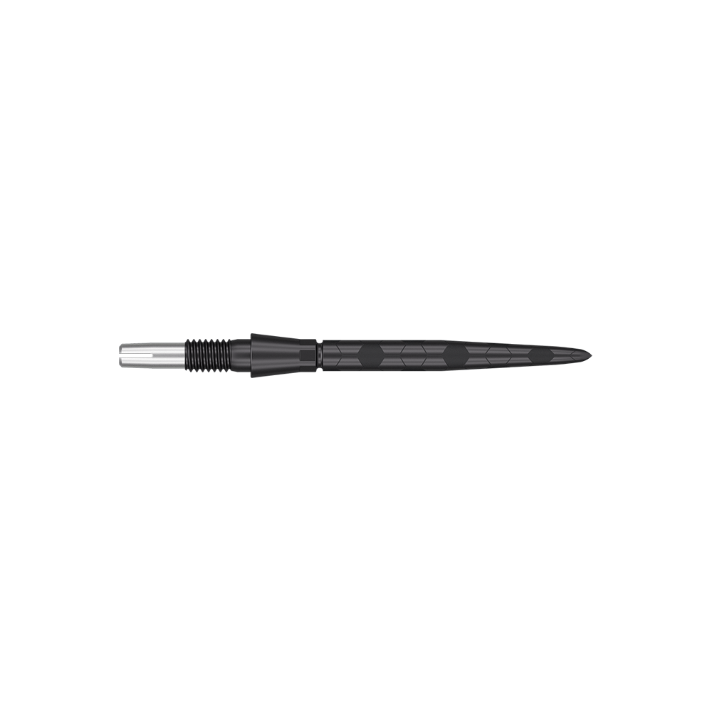 Das Bild zeigt eine schwarze Dartspitze mit einem modernen, strukturierten Design. Sie ist schmal und hat feine Rillen sowie ein sechseckiges Muster auf dem Schaft.