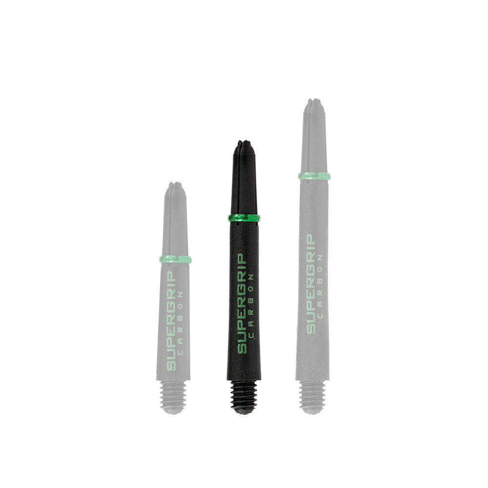 HR361_Harrows_Supergrip_Carbon_Shafts_Gr-n_40mm_1 Das Bild zeigt drei schwarze Harrows Supergrip Carbon Shafts mit grünen Akzenten in verschiedenen Längen. Sie sind speziell für den Einsatz bei Darts entwickelt.