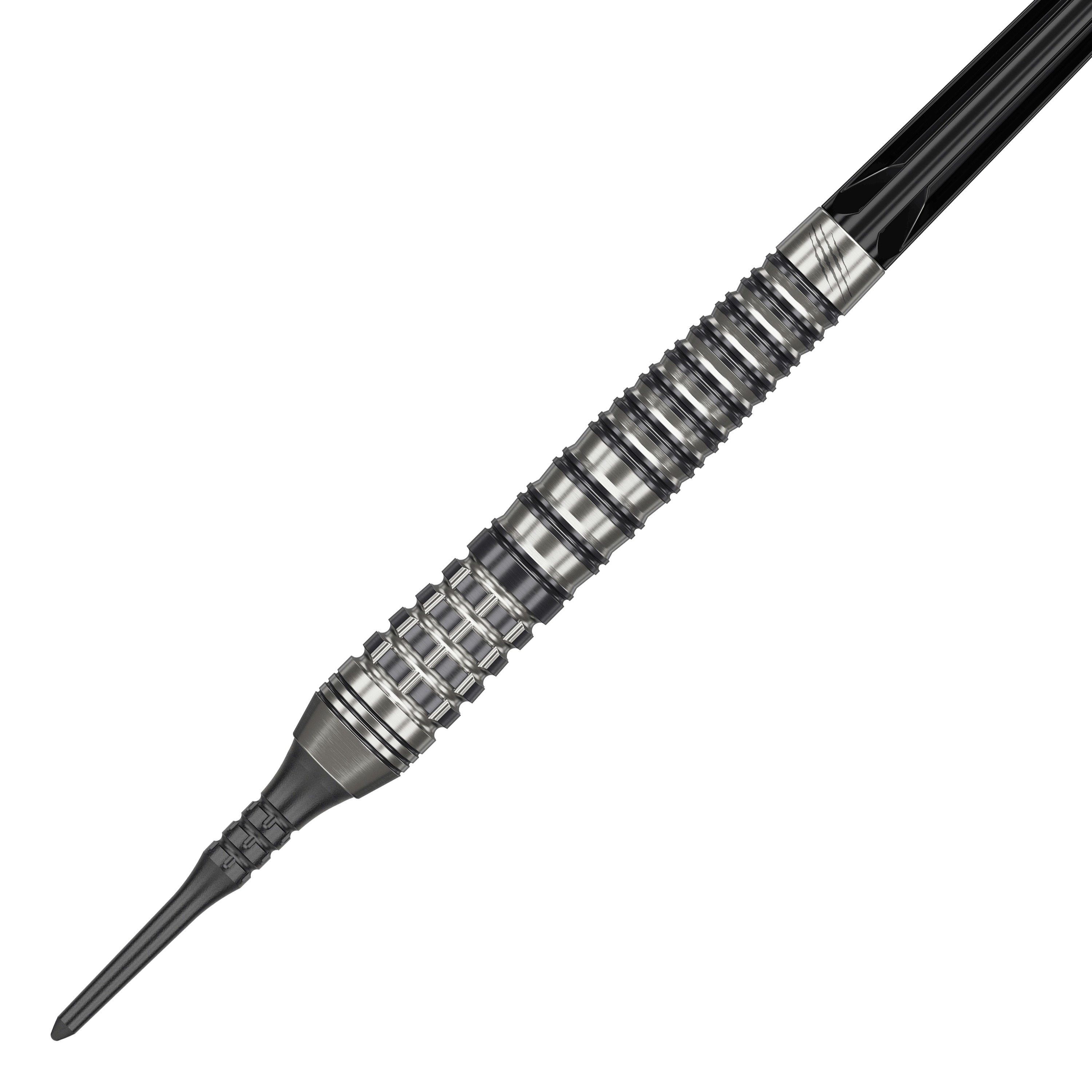 Target Japan Black Marque Renegade 4 Softdarts - 19g Das Bild zeigt einen Target Japan Black Marque Renegade 4 Softdart mit 19g Gewicht. Der Dart hat ein silber-schwarzes, gerilltes Design und eine schwarze Softspitze.