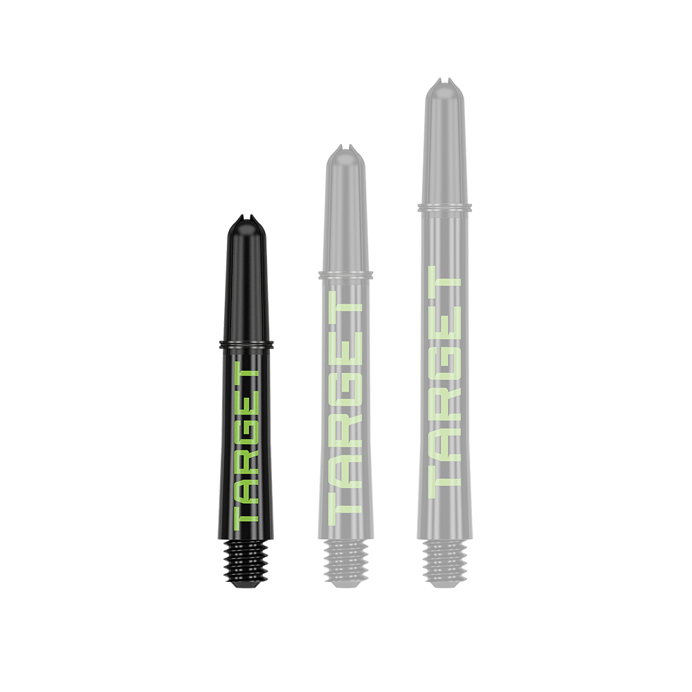 Target Pro Grip TAG Shafts - 3 Sets - Black Green Das Bild zeigt drei schwarze Dart-Schäfte in verschiedenen Längen mit grünem Schriftzug "TARGET". Sie sind nebeneinander auf weißem Hintergrund angeordnet.