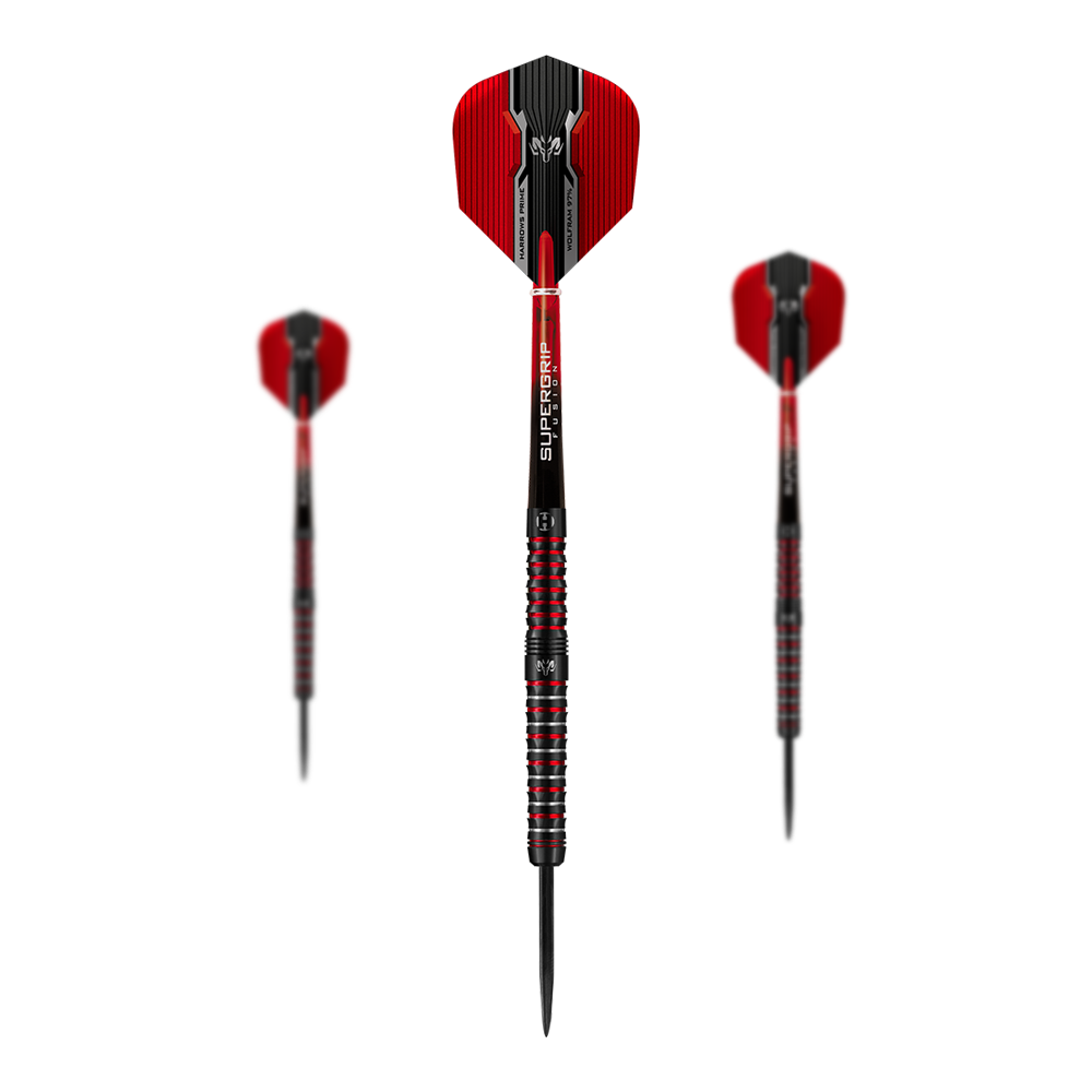 Harrows Tungsten Infinity 97% Tungsten Steel Darts Das Bild zeigt drei Harrows Wolfram Infinity 97% Tungsten Steeldarts mit roten und schwarzen Details. Die Darts haben einen metallisch gestreiften Griff und rote Flights.