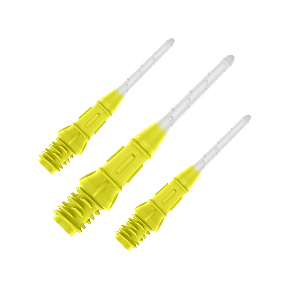 L-Style Premium Two Tone Lippoints (Pack of 30) Auf dem Bild sind drei gelb-weiße Dartspitzen zu sehen. Sie sind nebeneinander angeordnet und wirken modern sowie hochwertig verarbeitet.