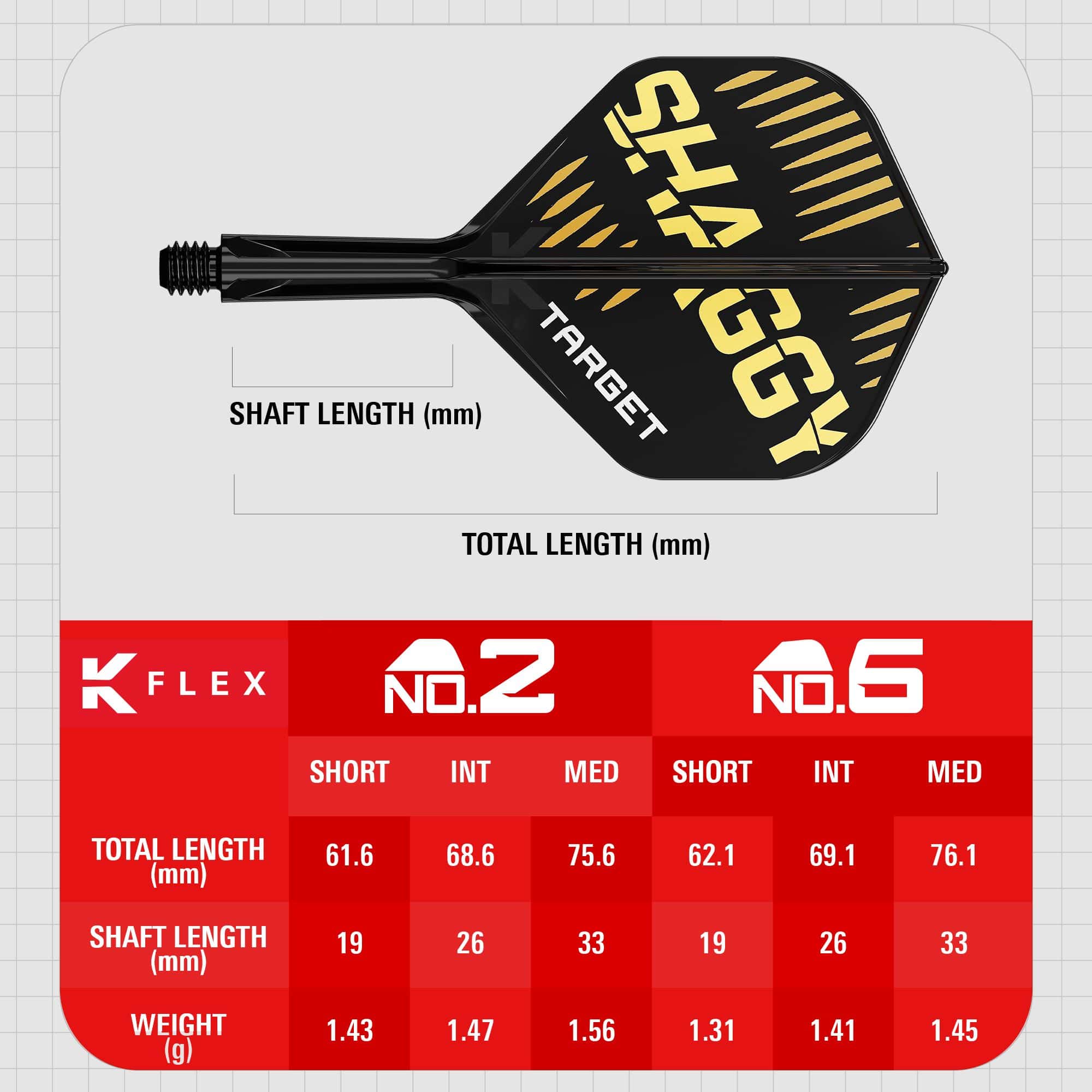 Das Bild zeigt das Produkt "Target K-Flex Scott Williams No2 Standard Flights" mit einem schwarzen und goldenen Design. Unten sind die Maße für verschiedene Längen und Gewichte der Flights in einer Tabelle dargestellt.