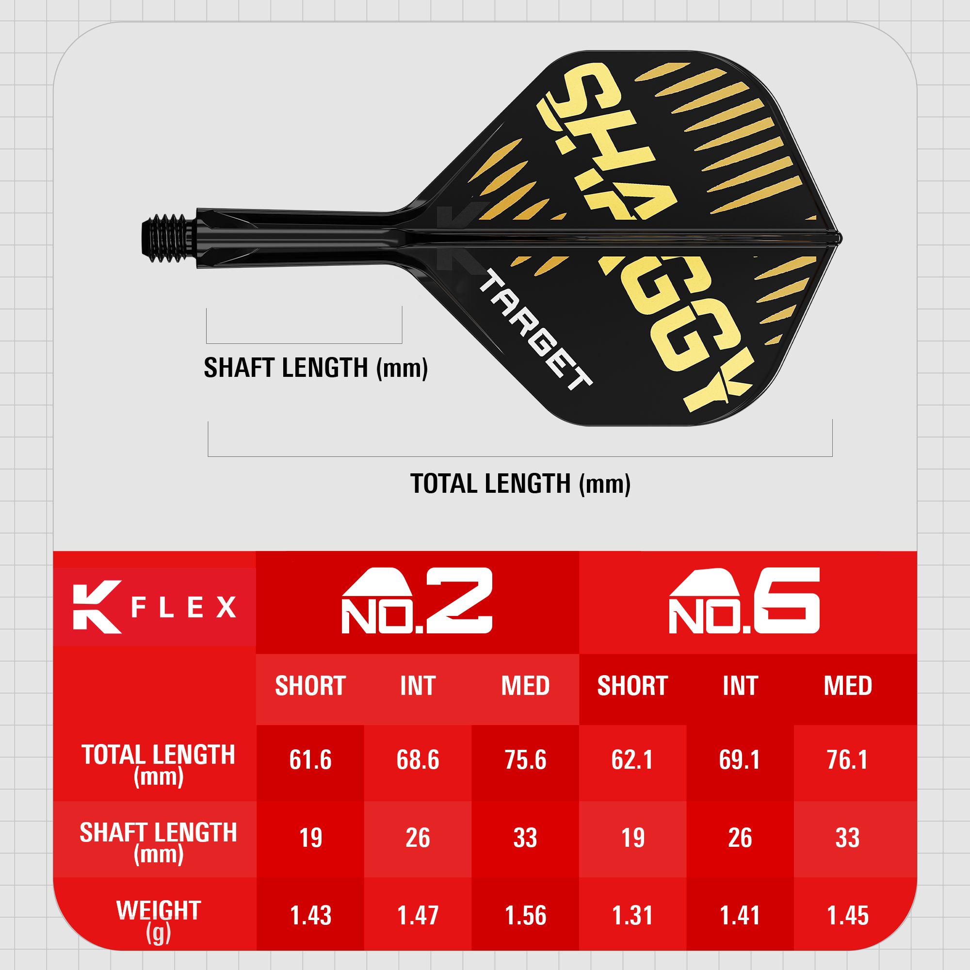 Target K-Flex Scott Williams No2 Standard Flight Shaft System Das Bild zeigt das Produkt "Target K-Flex Scott Williams No2 Standard Flights" mit einem schwarzen und goldenen Design. Unten sind die Maße für verschiedene Längen und Gewichte der Flights in einer Tabelle dargestellt.