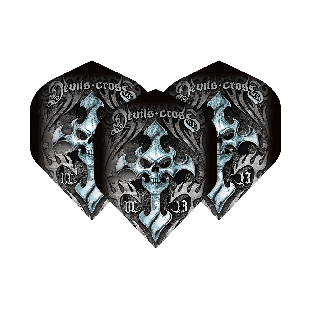 ALC1_Alchemy_Devils_Cross_Standard_Flights_1C1ehztmsGYyn6 Das Bild zeigt drei Dartflights mit dem Namen "Alchemy Devils Cross No2 Standard Flights". Das Design ist dunkel und zeigt einen Totenkopf mit Kreuzmotiv und dem Schriftzug "Devils Cross".