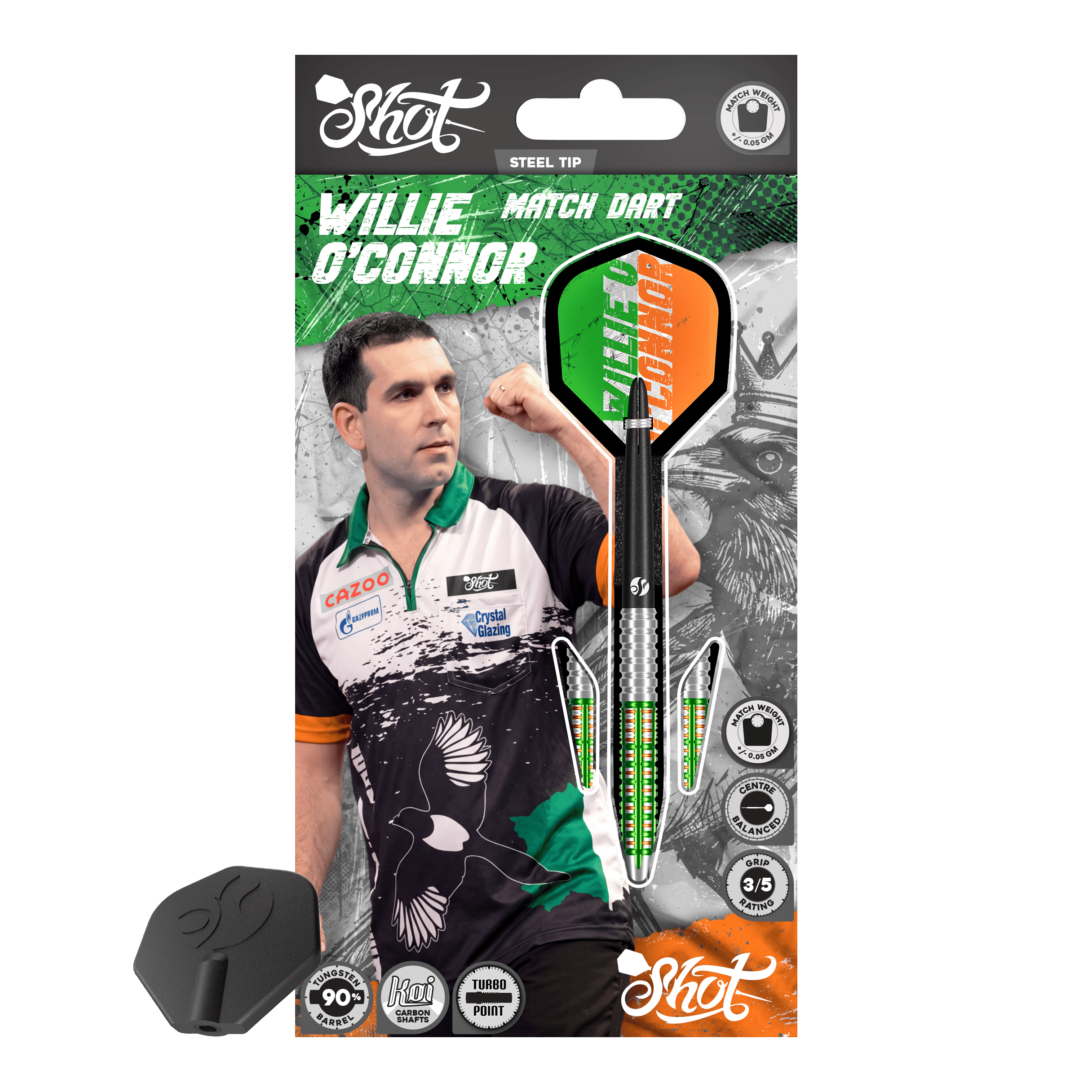 Shot Pro Series Willie O'Connor Turbo Point Steeldarts sind Dartpfeile mit modernen Griffbereichen. Sie werden nebeneinander gelegt gezeigt.