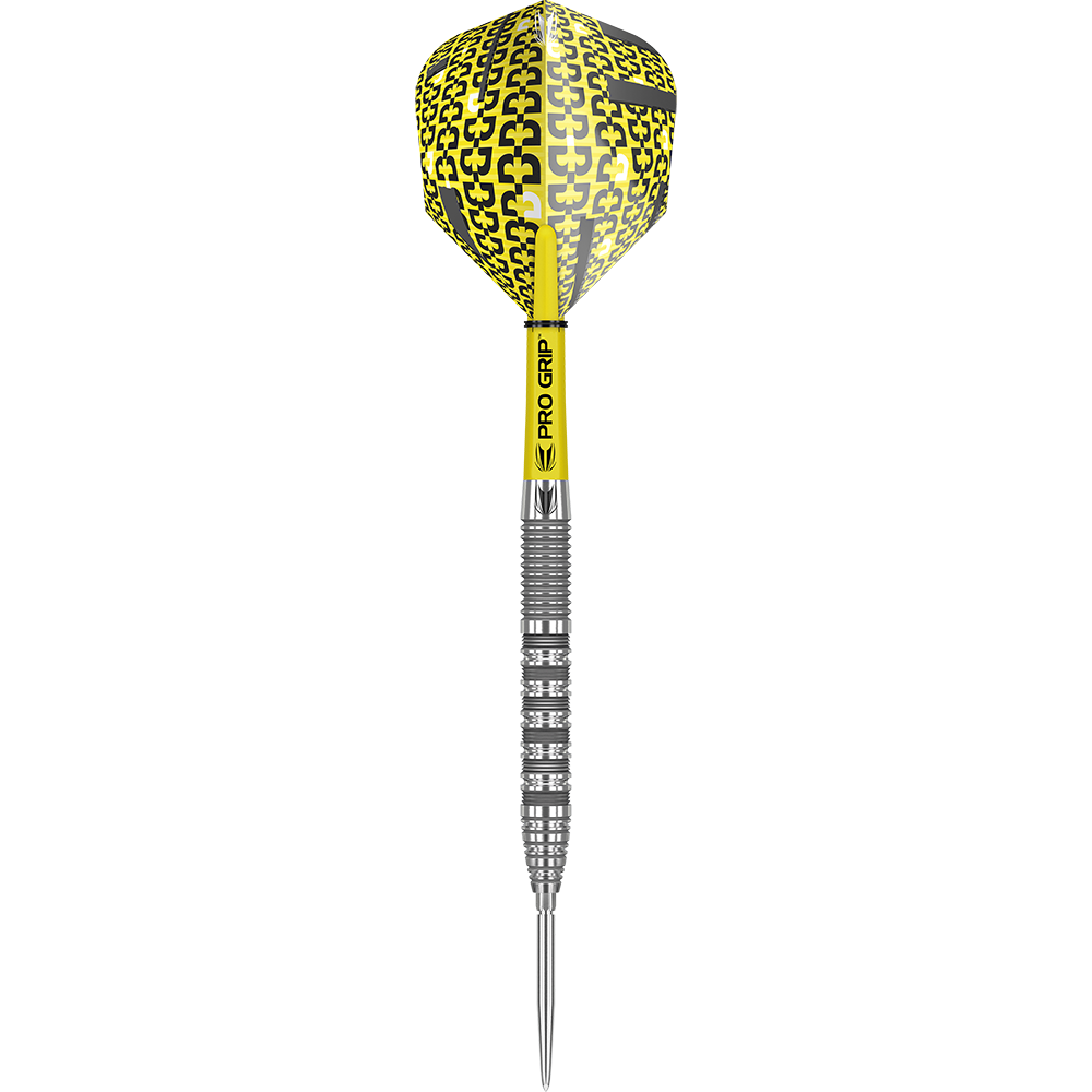 190051_Target_Bolide_01_Swiss_Point_Steeldarts_1f5d8qGp4C4oEP Das Bild zeigt einen Target Bolide 01 Swiss Point Steeldart mit einem silbernen Griff und gelben Elementen. Die Dartflights sind gelb-schwarz gemustert und der Schaft trägt die Aufschrift "PRO GRIP".