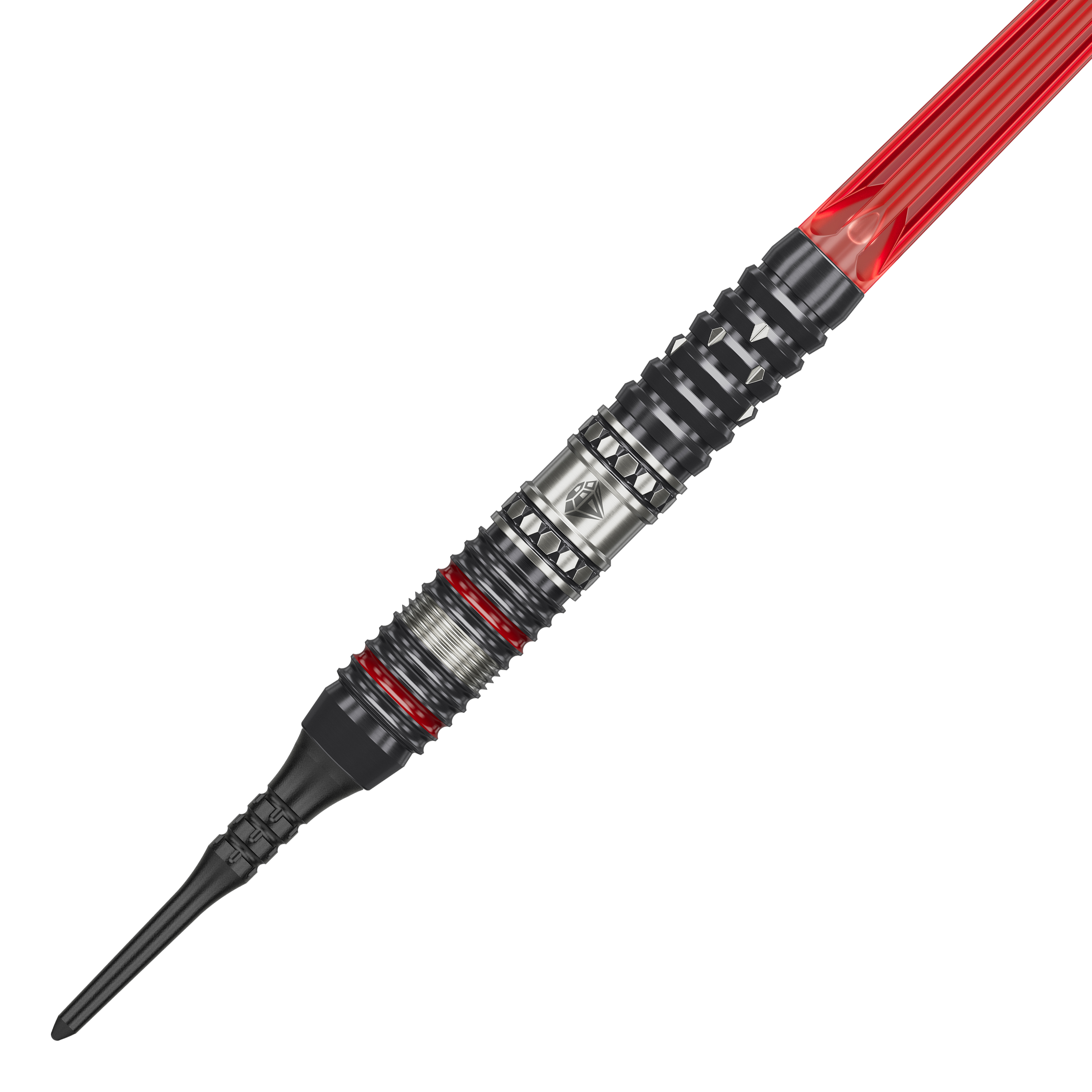Target Japan Prime Series Diamond GEN3 Soft Darts - 18g Das Bild zeigt einen Softdartpfeil aus der Produktreihe "Target Japan Prime Series Diamond GEN3" mit 18g Gewicht. Der Pfeil hat ein metallisches Design mit roten Akzenten und einer schwarzen Kunststoffspitze.
