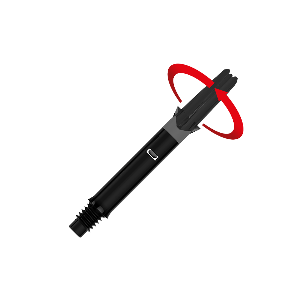 L-L-Style-Shafts Silent Straight - Black Das Bild zeigt einen schwarzen, geraden Dart-Schaft ohne Kappen. Ein roter Pfeil deutet eine Drehbewegung am oberen Ende des Schafts an.