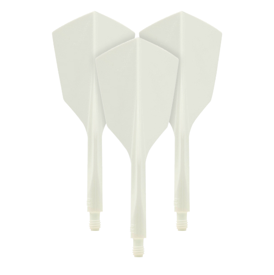 Condor Ax 120 Flight System White - Narrow Auf dem Bild sind drei weiße Dartflights aus dem Set "Condor Axe 120 Flight-System White - Narrow" zu sehen. Die Flights haben eine schmale Form und sind miteinander verbunden.