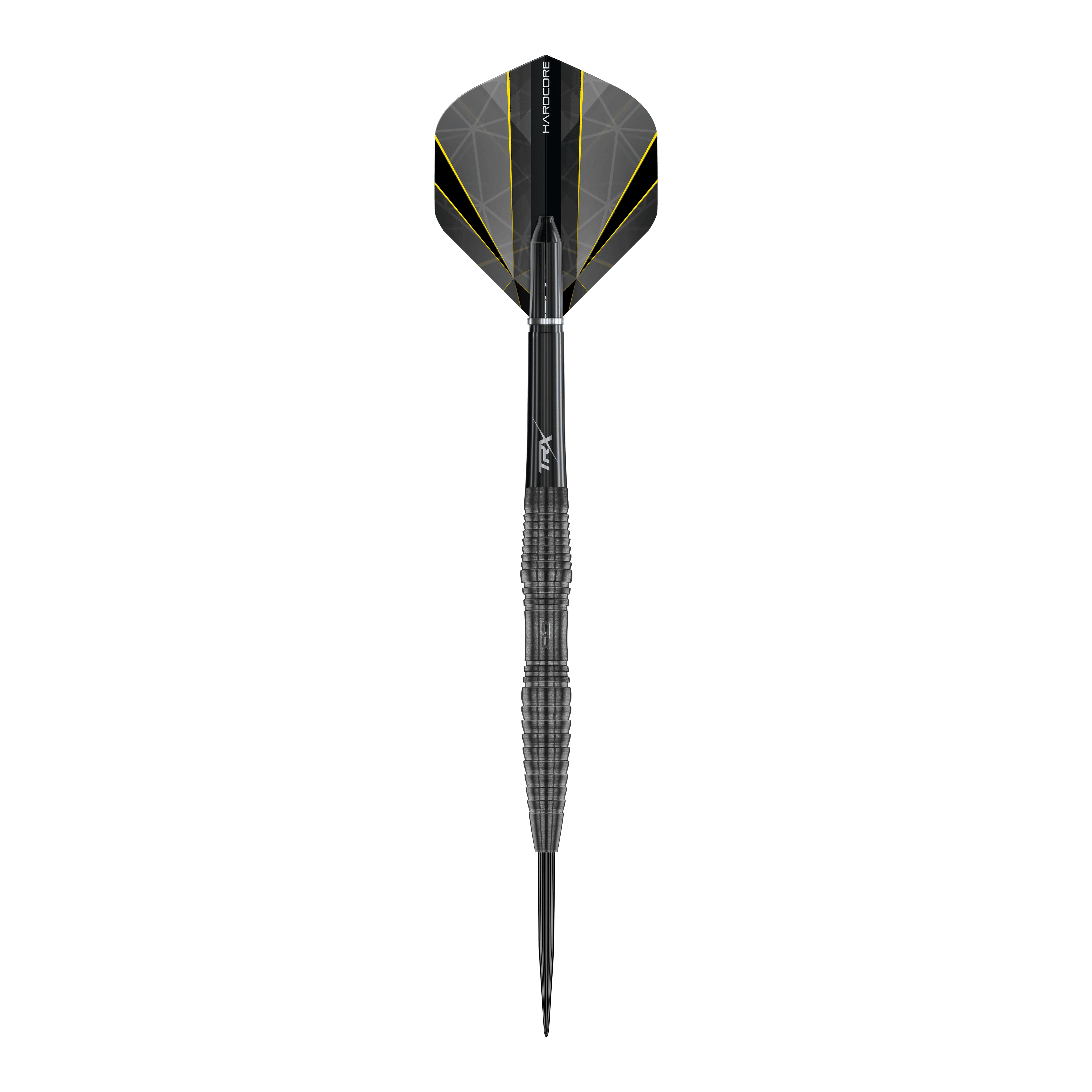Red Dragon Seren 3 Onyx Steeldarts Das Bild zeigt einen einzelnen Steeldart namens "Red Dragon Seren 3 Onyx". Der Dart ist hauptsächlich schwarz mit einem auffälligen Design und gelben Akzenten auf den Flights.