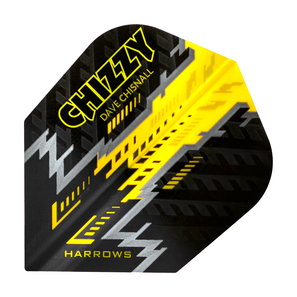 HR7532_Harrows_Dave_Chisnall_Prime_Schwarz_Gelb_No6_Flights_1 Das Bild zeigt ein Dartflight mit dem Namen "Harrows Dave Chisnall Prime Schwarz Gelb No6". Das Design ist überwiegend schwarz mit gelben und silbernen grafischen Elementen und der Aufschrift "CHIZZY" und "HARROWS".