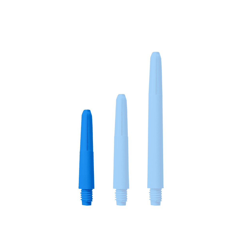 572_Nylon_Shafts_Blau_28mm_14C2m8Vqnjedt5 Das Bild zeigt drei blaue Nylon-Schäfte in unterschiedlichen Längen. Sie sind nebeneinander auf weißem Hintergrund angeordnet.