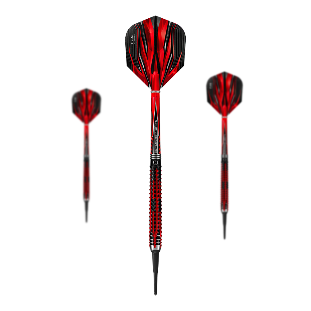 Harrows Fire Inferno soft darts Das Bild zeigt drei Harrows Fire Inferno Softdarts mit auffälligem rot-schwarzem Design. Die Darts haben spitze Kunststoffspitzen und strukturierte Griffe.